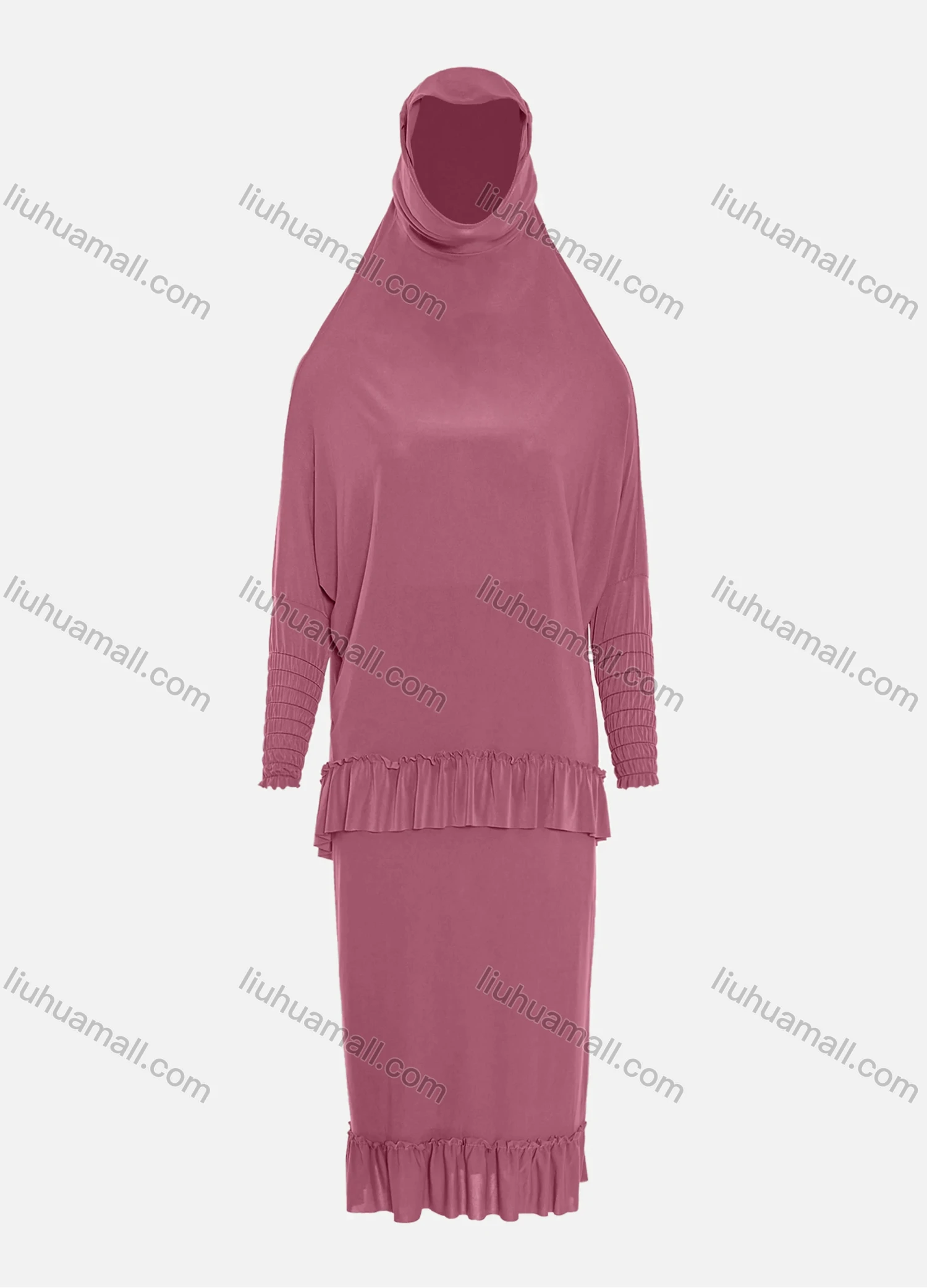 Wholesale Women's Muslim Islamic Modest Ruffle Hem Plain Knee Length Abaya Dress Hijab 2 Pieces Set - Liuhuamall