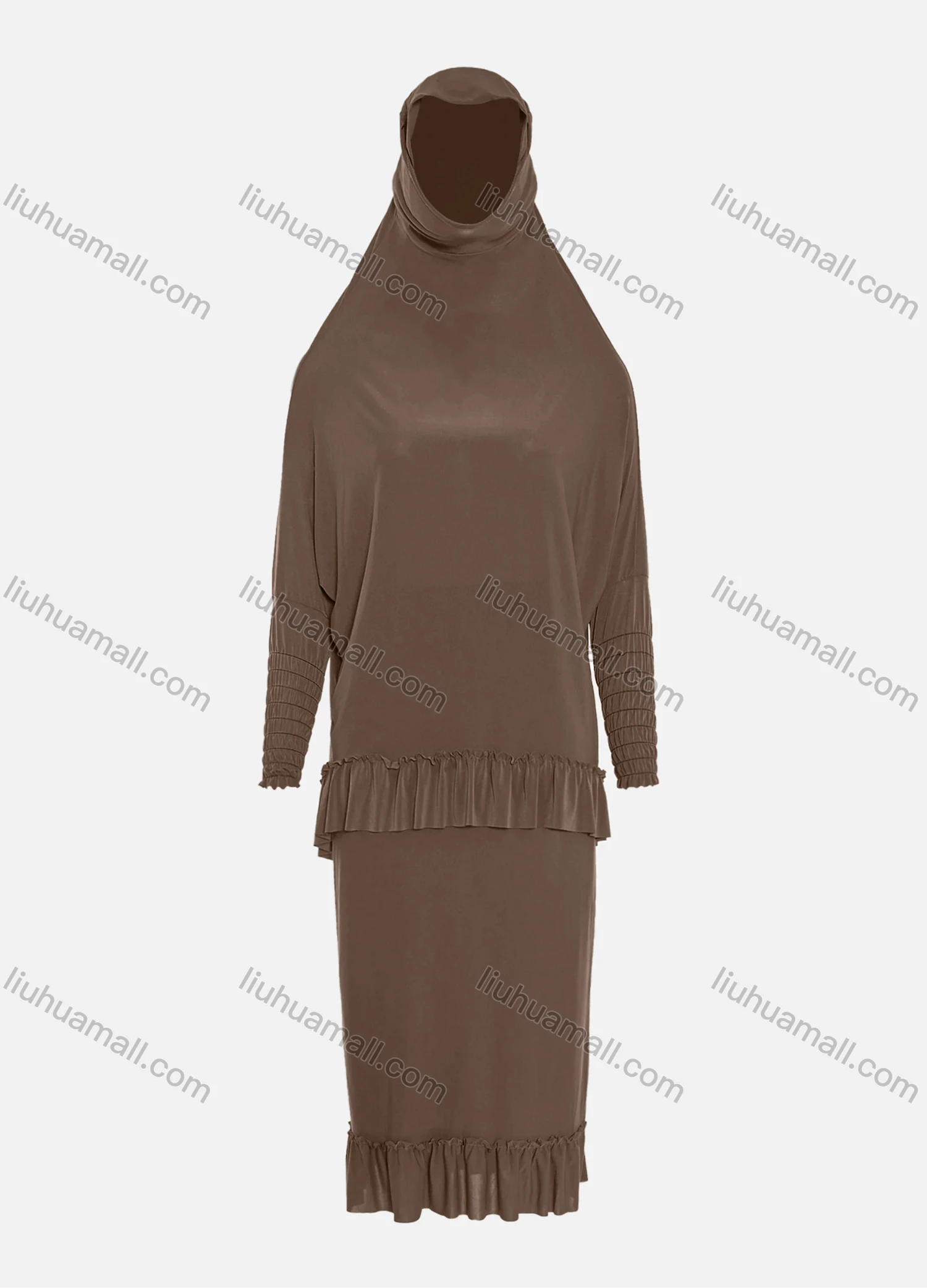 Wholesale Women's Muslim Islamic Modest Ruffle Hem Plain Knee Length Abaya Dress Hijab 2 Pieces Set - Liuhuamall