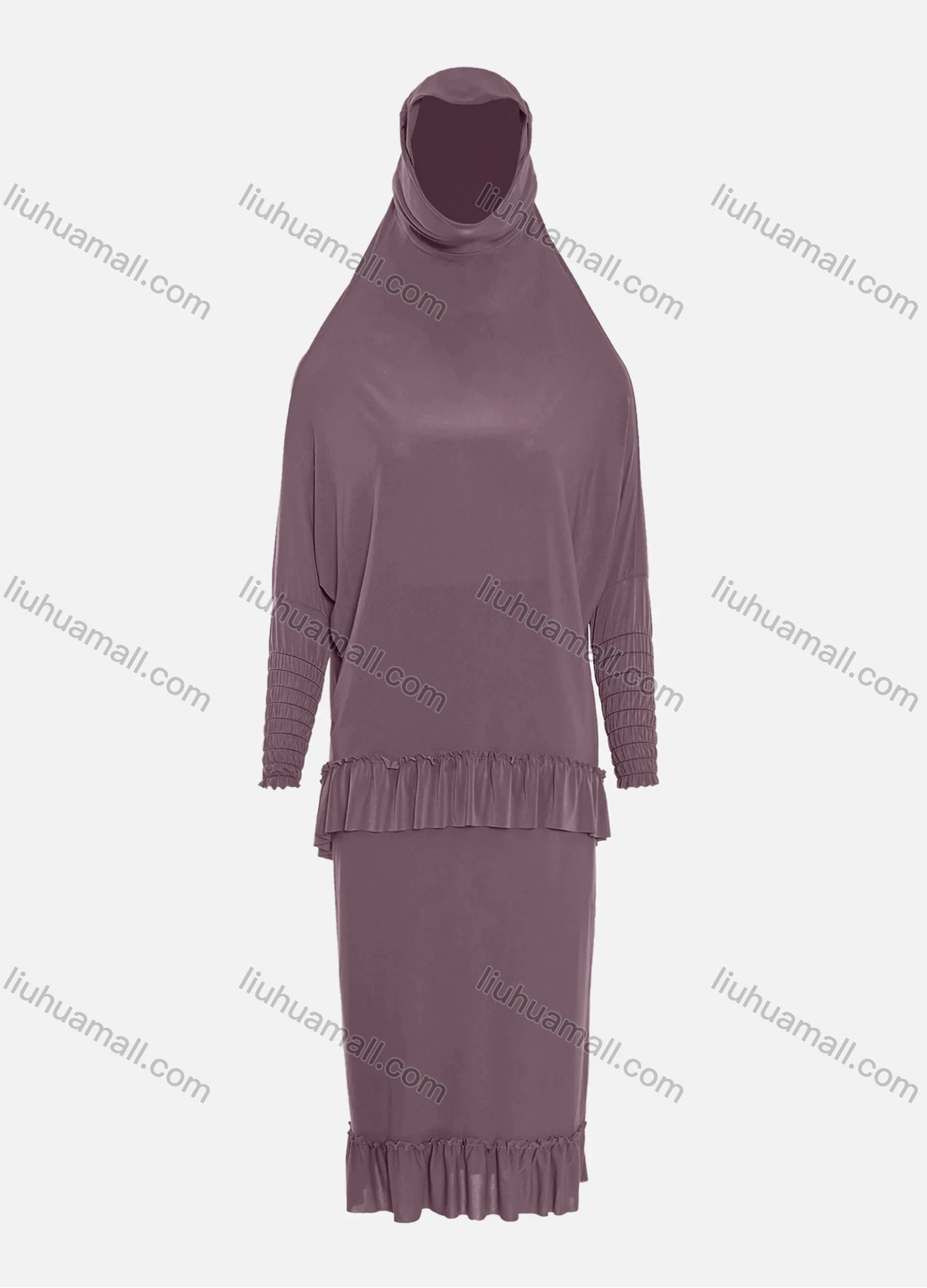 Wholesale Women's Muslim Islamic Modest Ruffle Hem Plain Knee Length Abaya Dress Hijab 2 Pieces Set - Liuhuamall