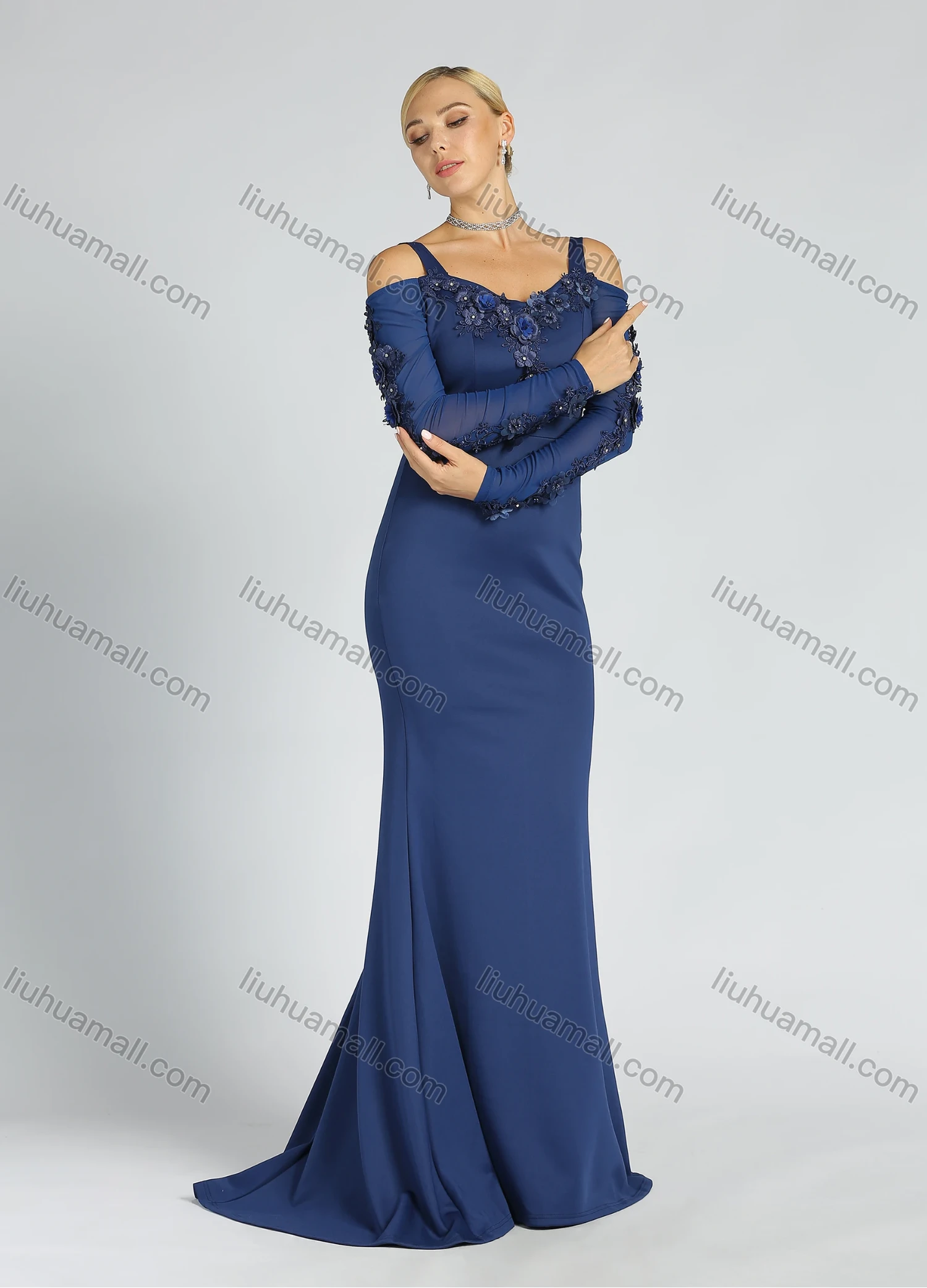 Wholesale Women's Elegant Cold Shoulder Plain 3D Floral Zip Back Rhinestone Mermaid Evening Dress - Liuhuamall