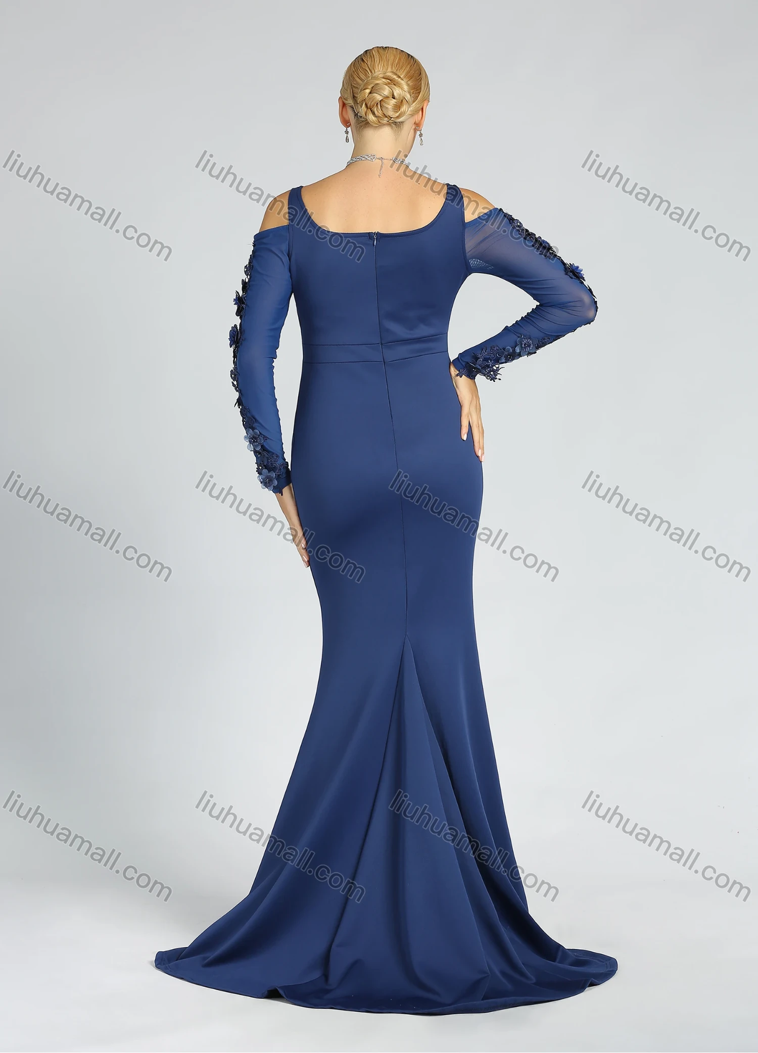 Wholesale Women's Elegant Cold Shoulder Plain 3D Floral Zip Back Rhinestone Mermaid Evening Dress - Liuhuamall