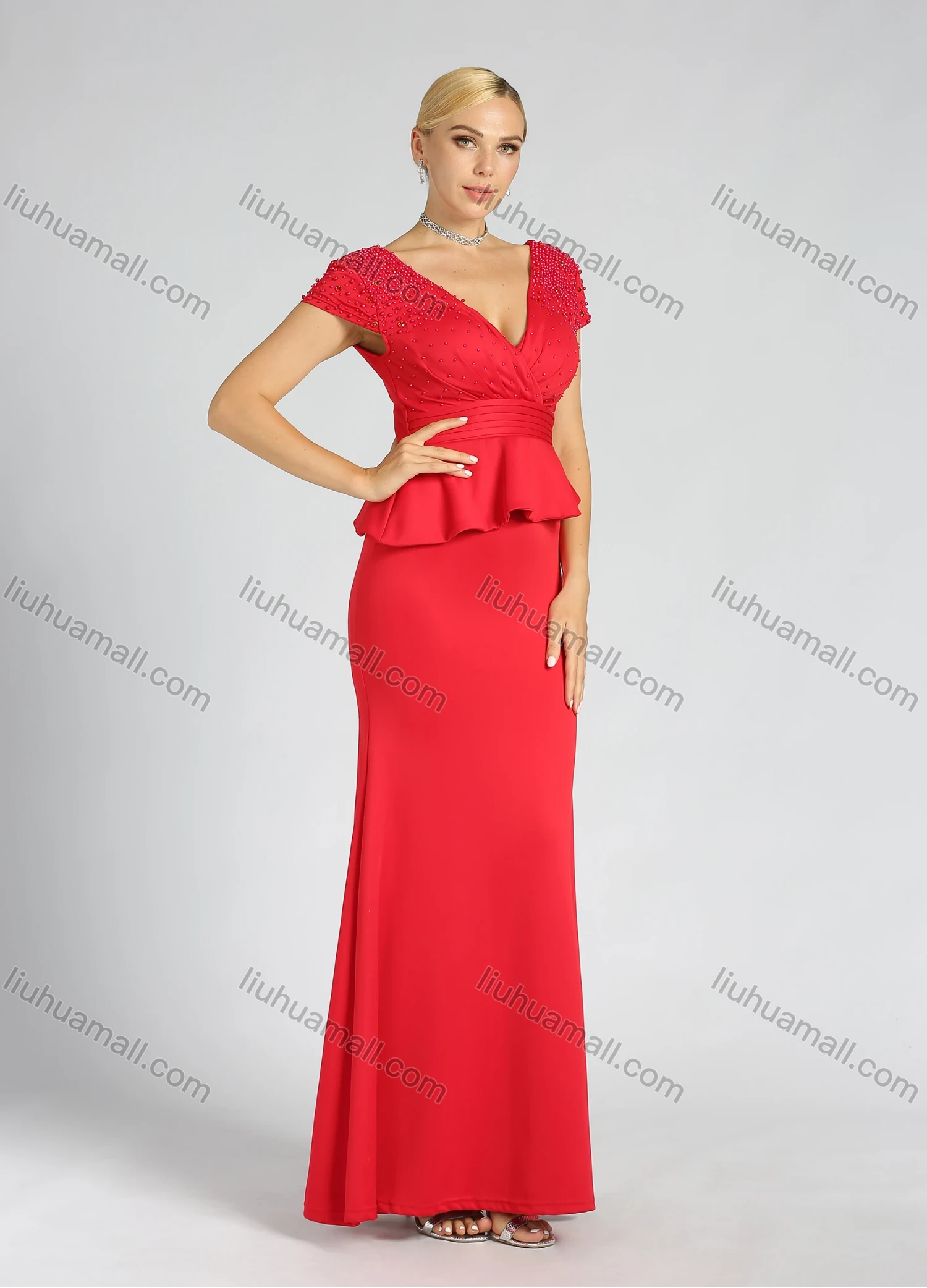 Wholesale Women's Elegant Plain Wrap V Neck Zip Back Beaded Pleated Ruched Mermaid Maxi Evening Dress - Liuhuamall