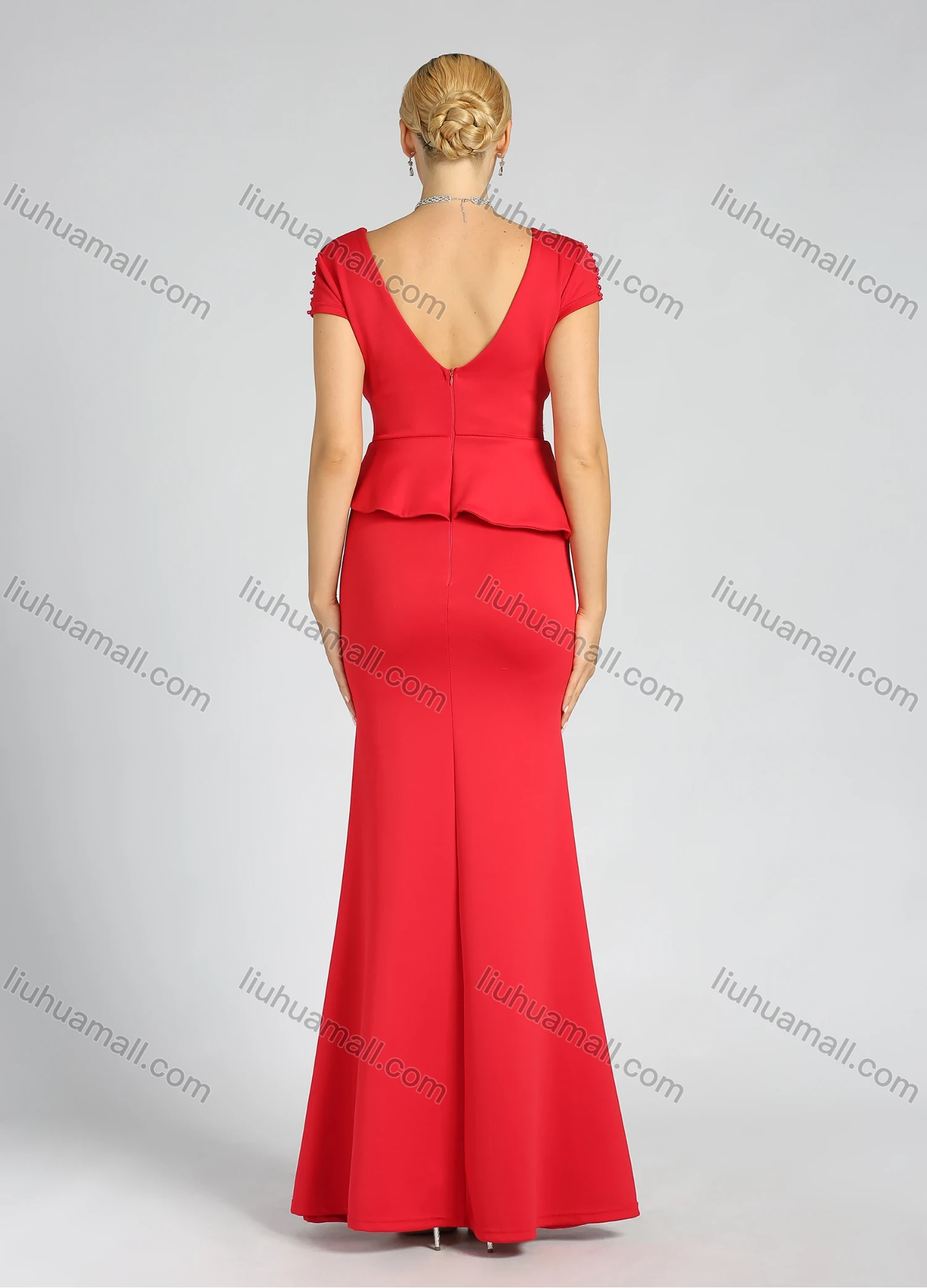 Wholesale Women's Elegant Plain Wrap V Neck Zip Back Beaded Pleated Ruched Mermaid Maxi Evening Dress - Liuhuamall