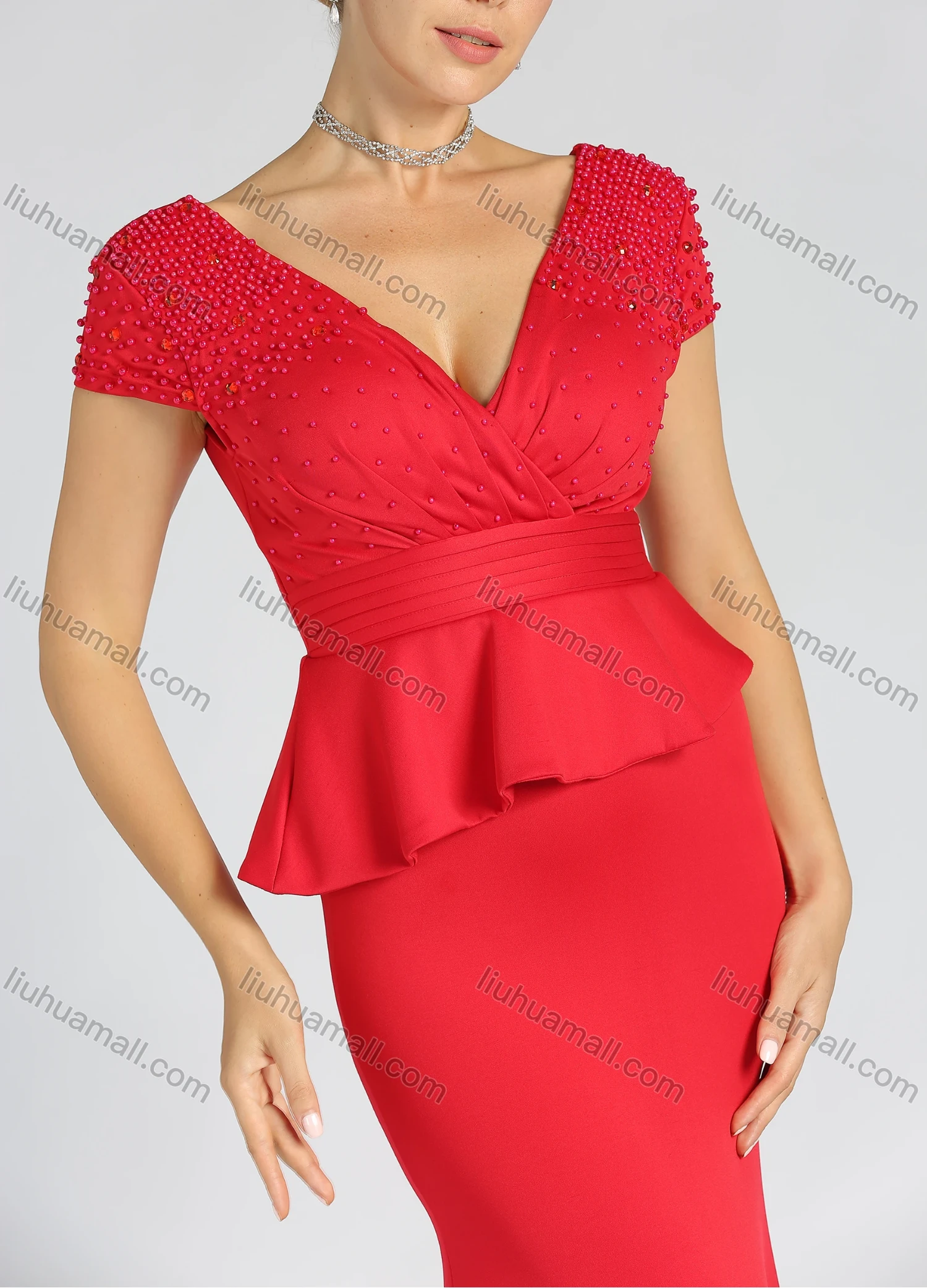 Wholesale Women's Elegant Plain Wrap V Neck Zip Back Beaded Pleated Ruched Mermaid Maxi Evening Dress - Liuhuamall