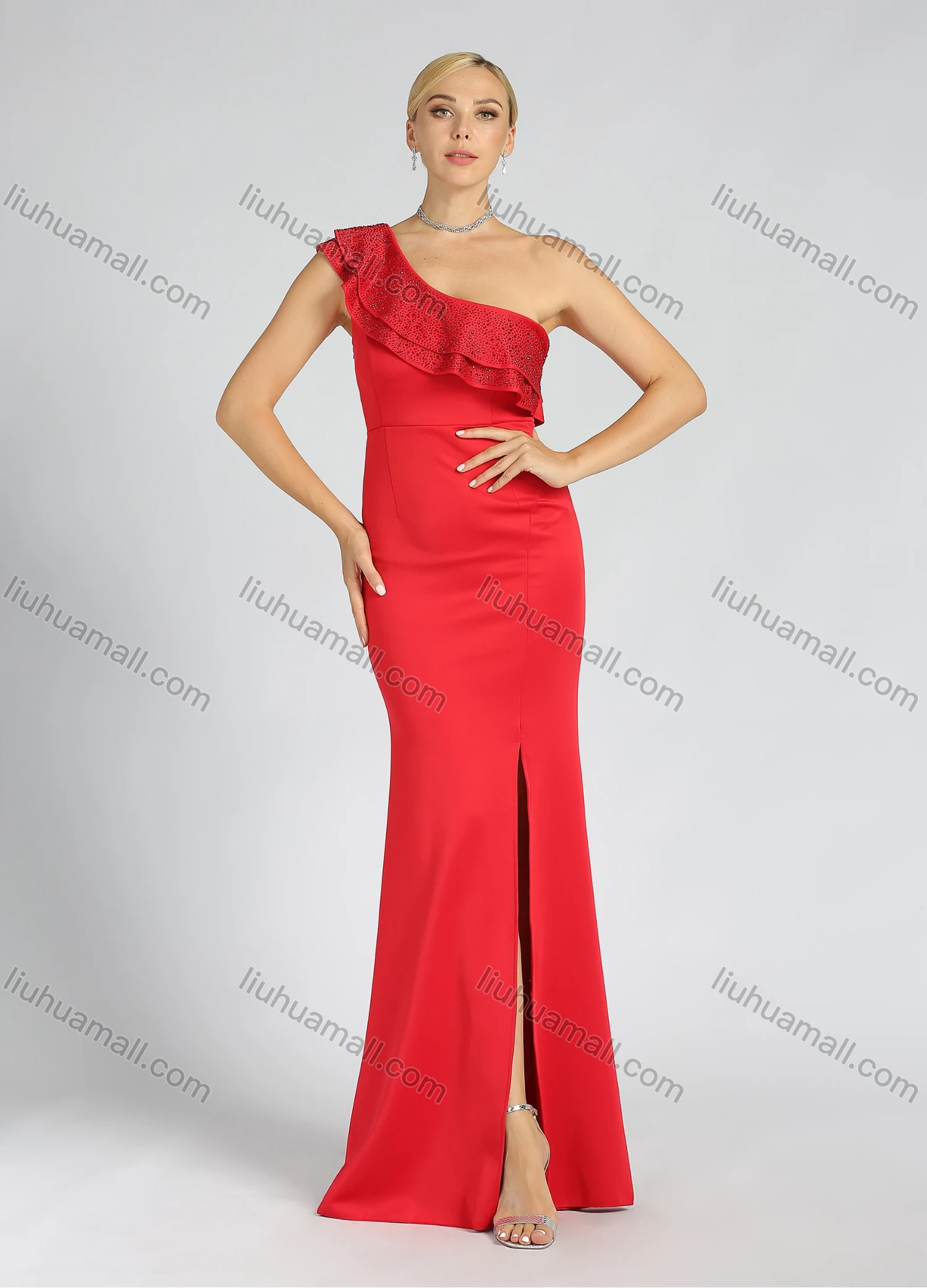 Wholesale Women's Glamorous Plain One Shoulder Split Thigh Rhinestone Ruffle Trim Evening Dress - Liuhuamall
