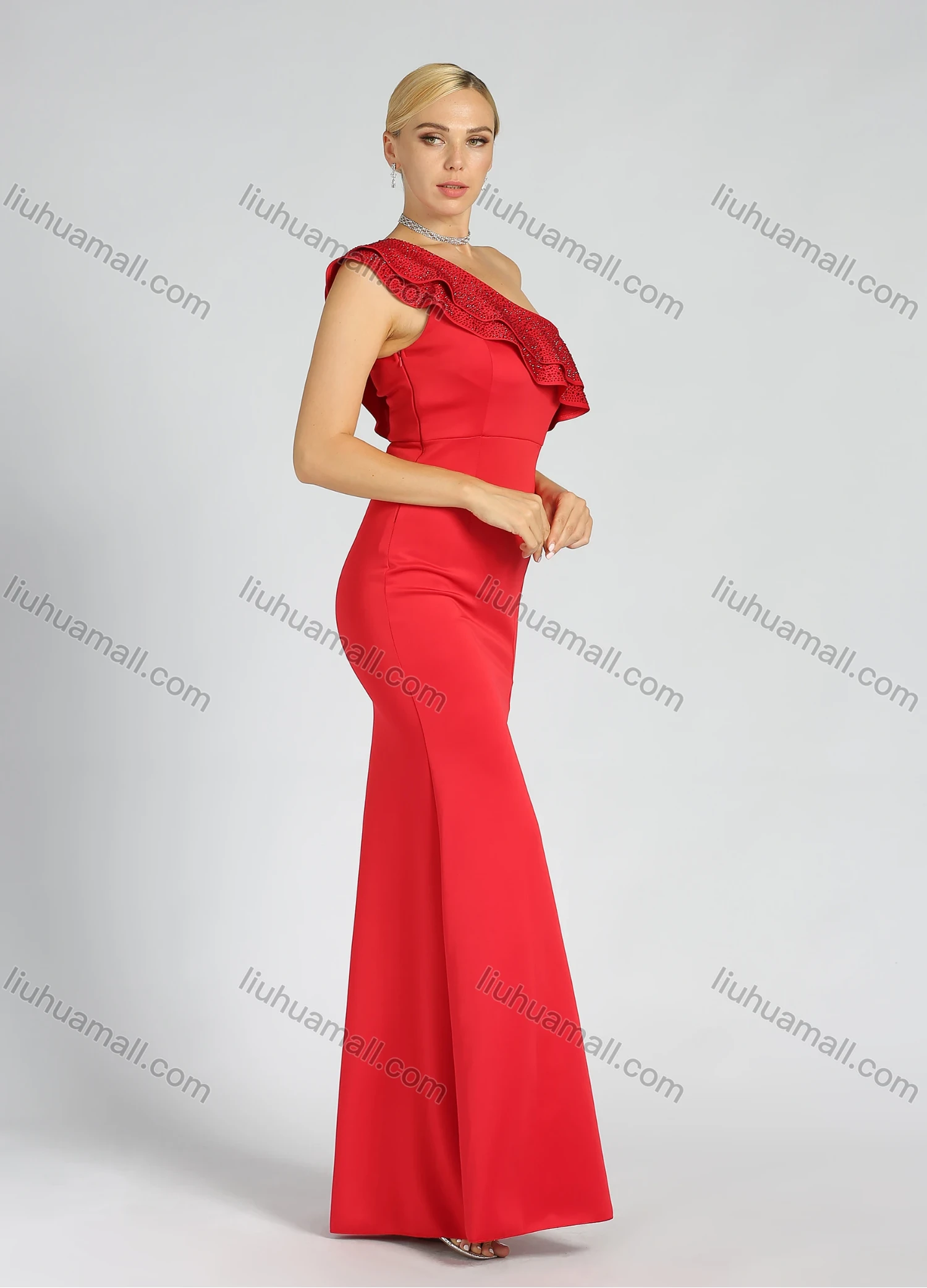 Wholesale Women's Glamorous Plain One Shoulder Split Thigh Rhinestone Ruffle Trim Evening Dress - Liuhuamall