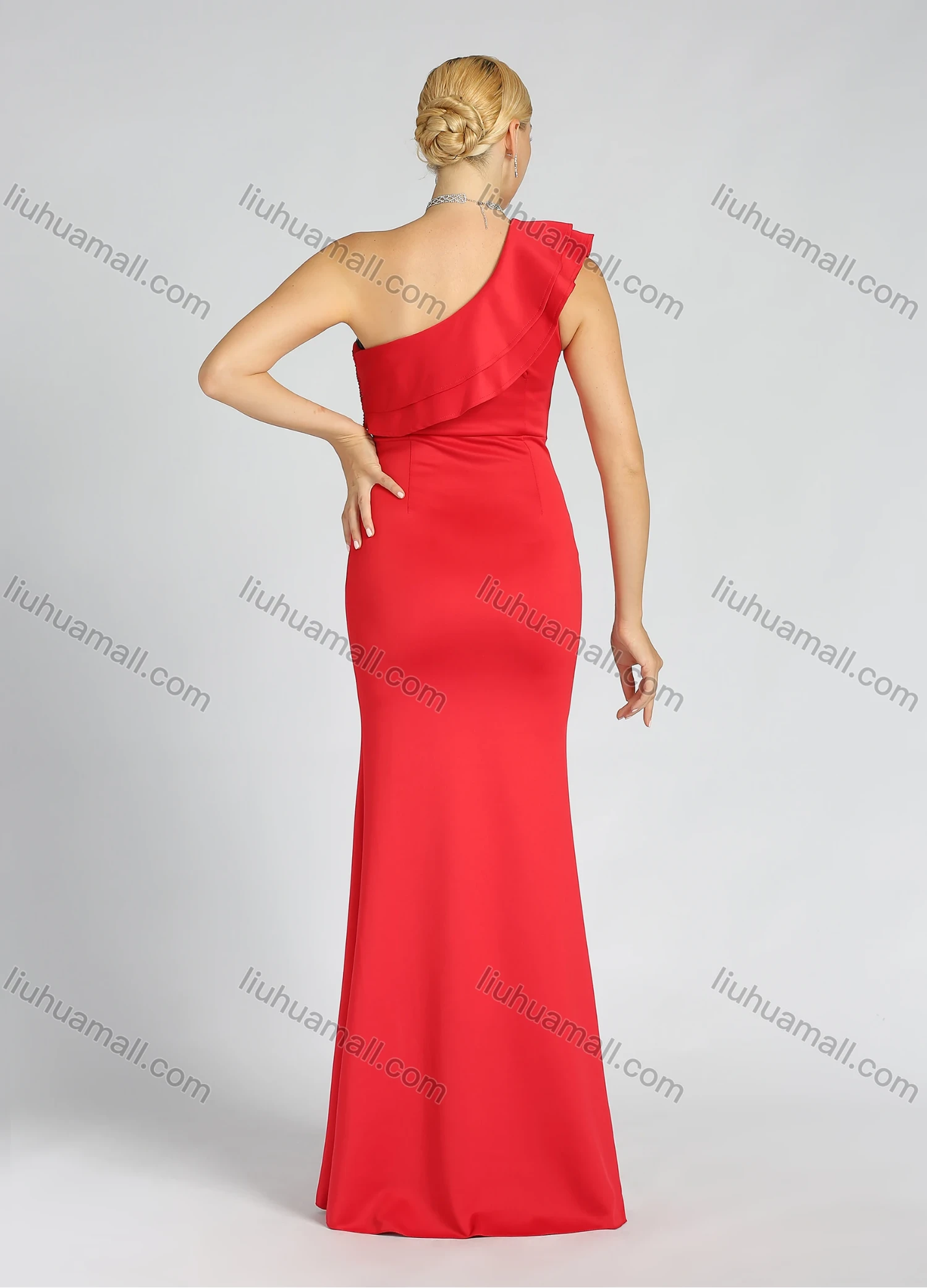 Wholesale Women's Glamorous Plain One Shoulder Split Thigh Rhinestone Ruffle Trim Evening Dress - Liuhuamall