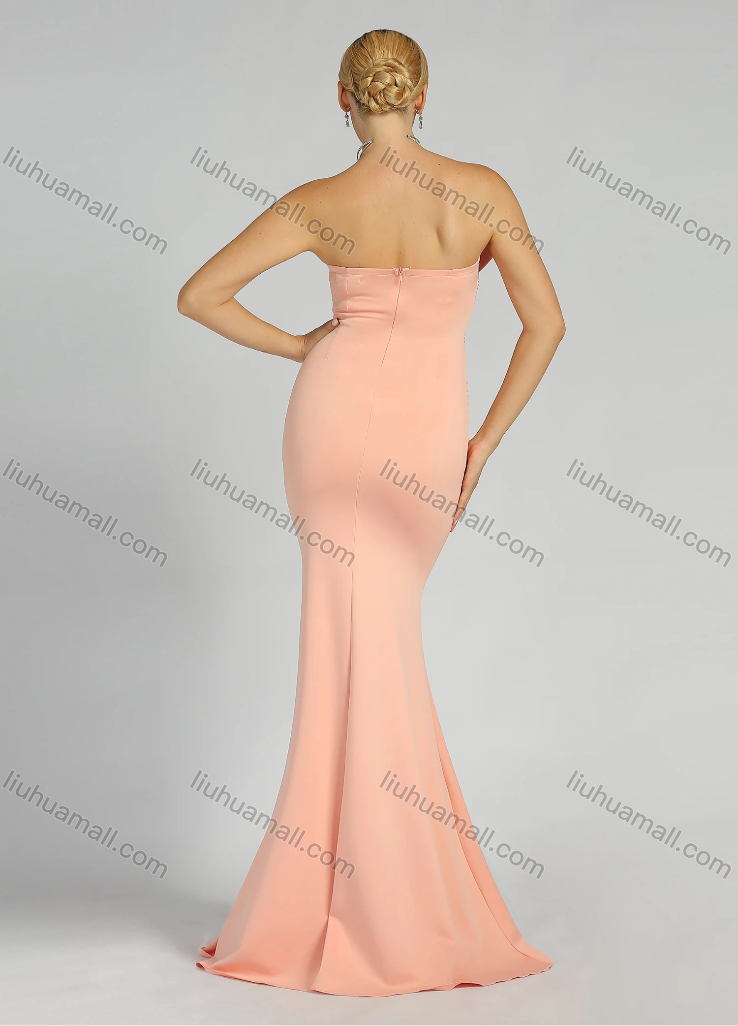 Wholesale Women's Sexy Plain Zip Back Rhinestone Bow Knot Ruched Split Hem Sleeveless Tube Mermaid Evening Dress - Liuhuamall