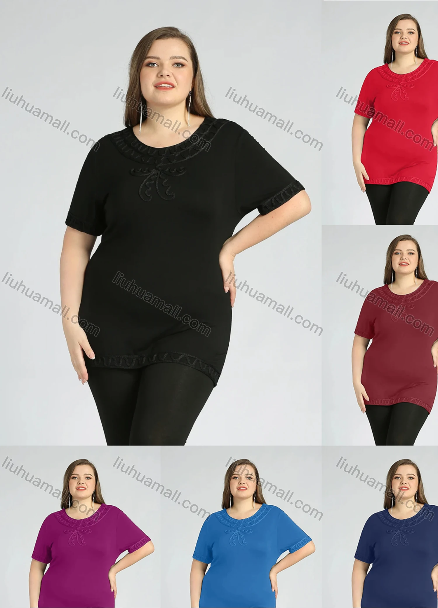Wholesale Women's Plus Size Round Neck Short Sleeve Embroidery Casual Top - Liuhuamall