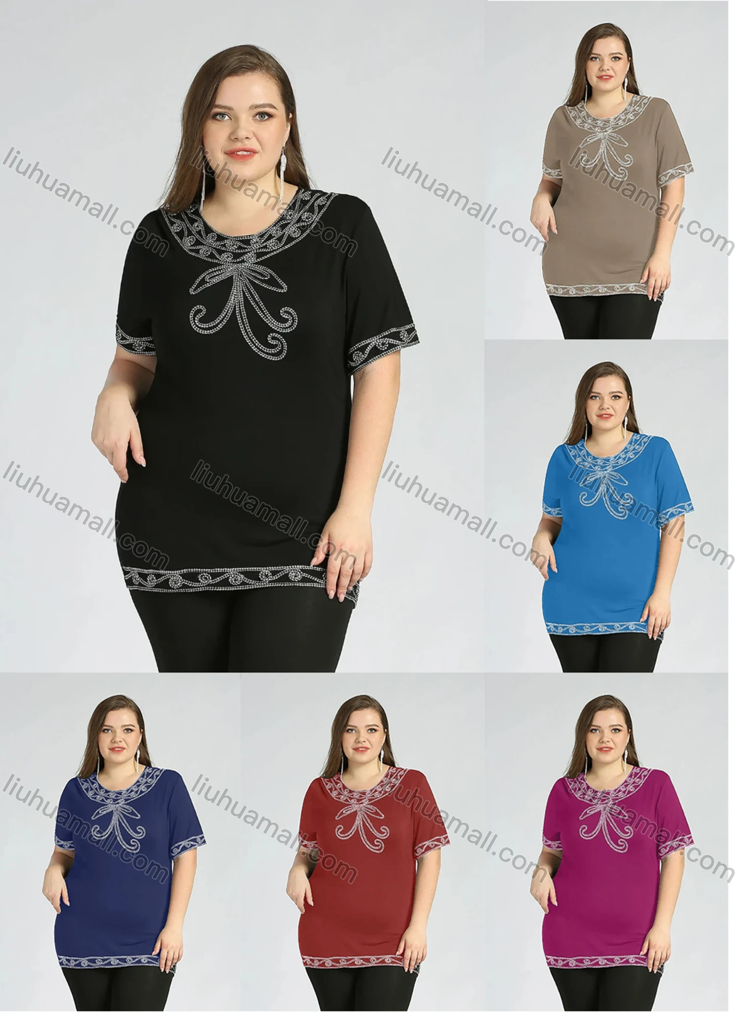 Wholesale Women's Plus Size Round Neck Short Sleeve Embroidery Casual Top - Liuhuamall