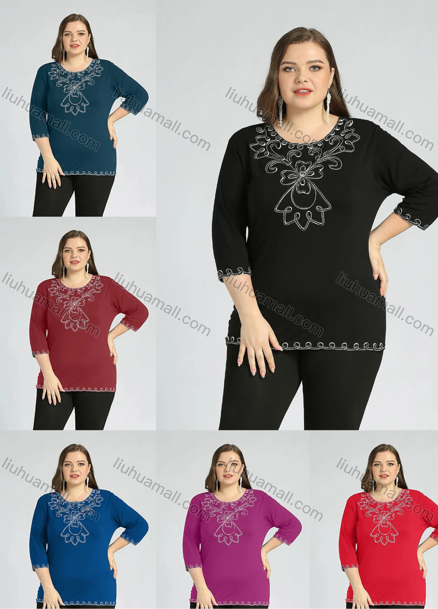 Wholesale Women's Plus Size Round Neck Short Sleeve Embroidery Casual Top - Liuhuamall