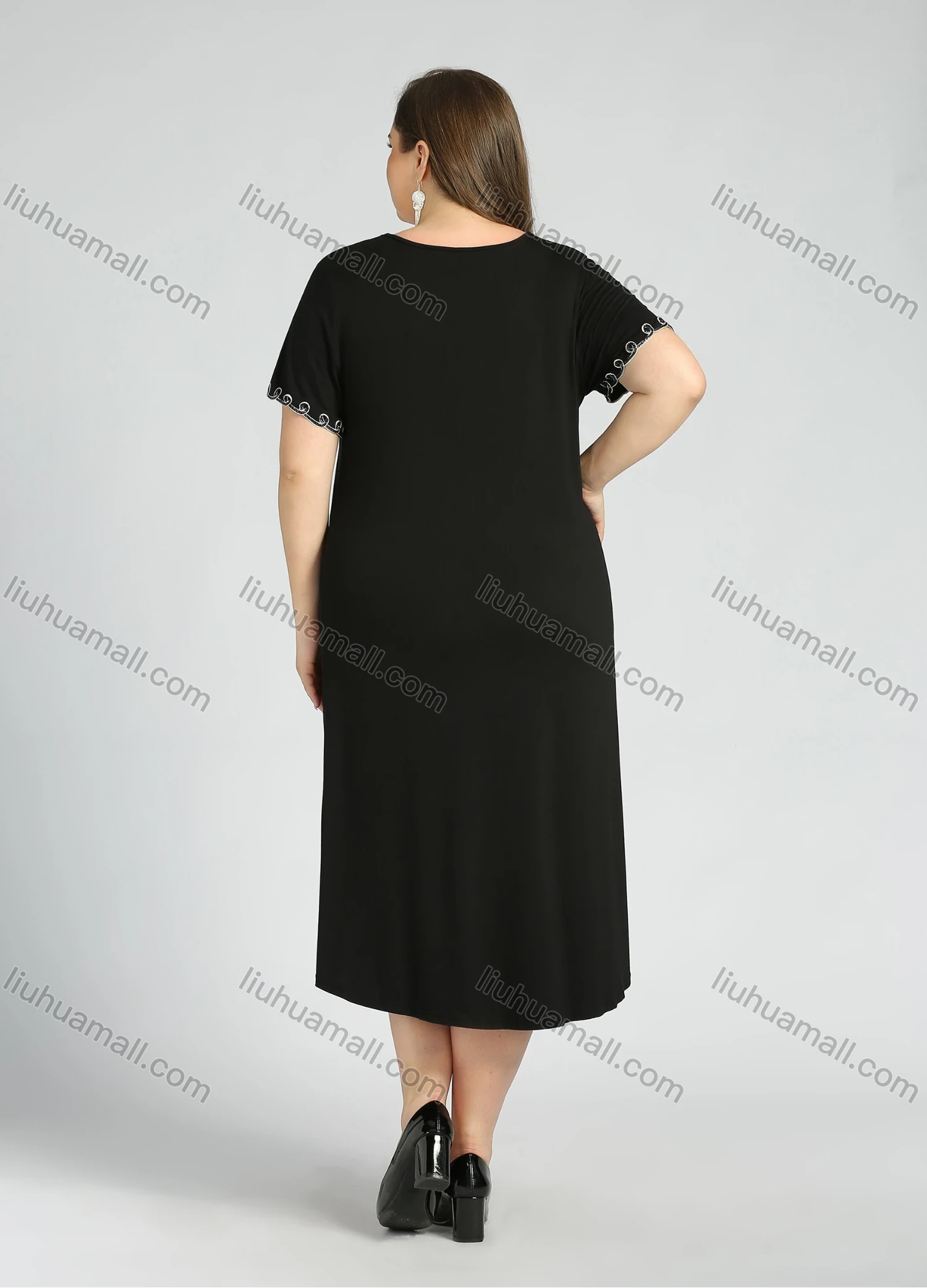 Wholesale Women's Plus Size Casual Crew Neck Short Sleeve Embroidery Midi Dress - Liuhuamall