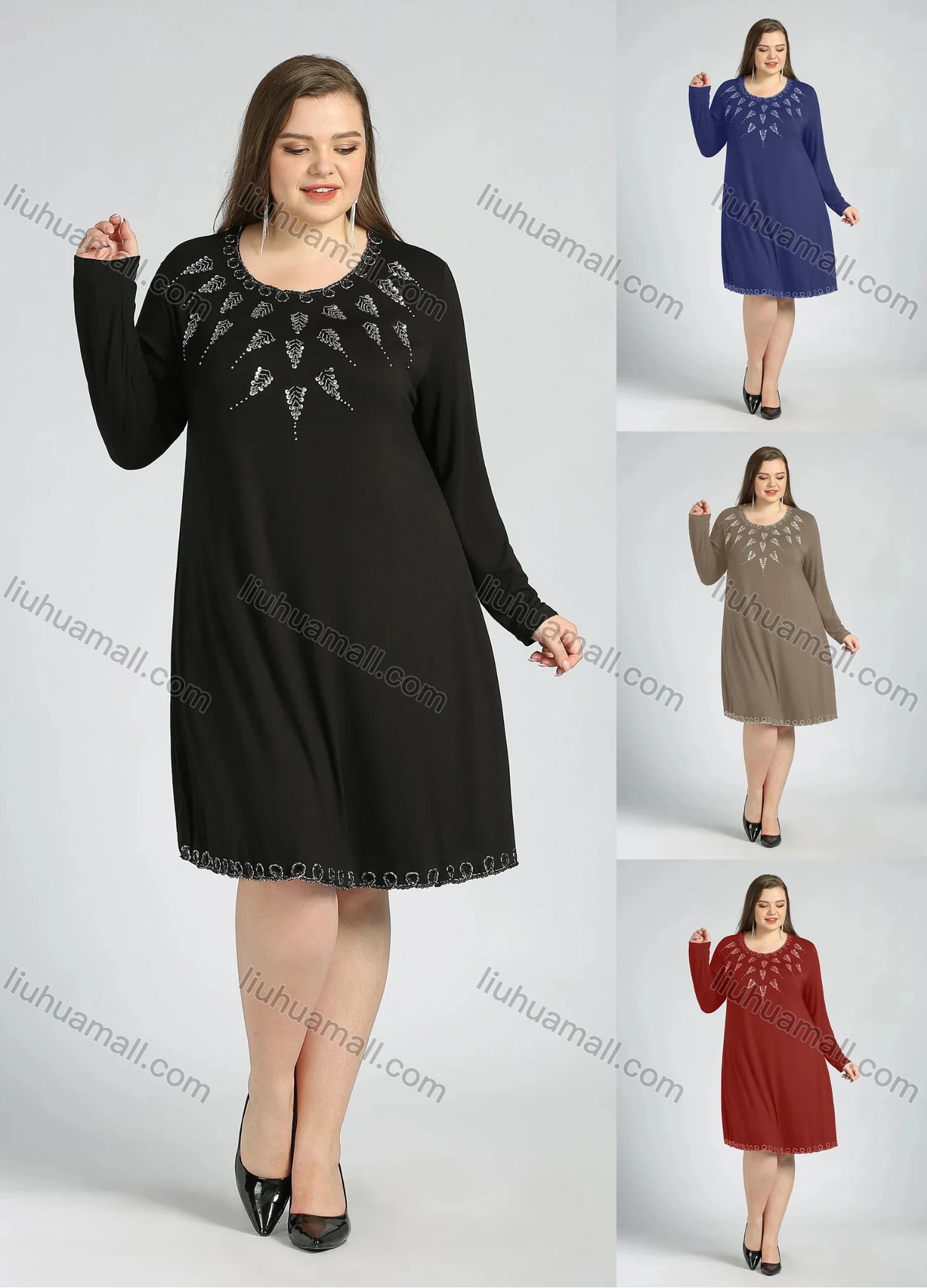 Wholesale Women's Plus Size Casual Crew Neck Short Sleeve Embroidery Knee Length Dress - Liuhuamall