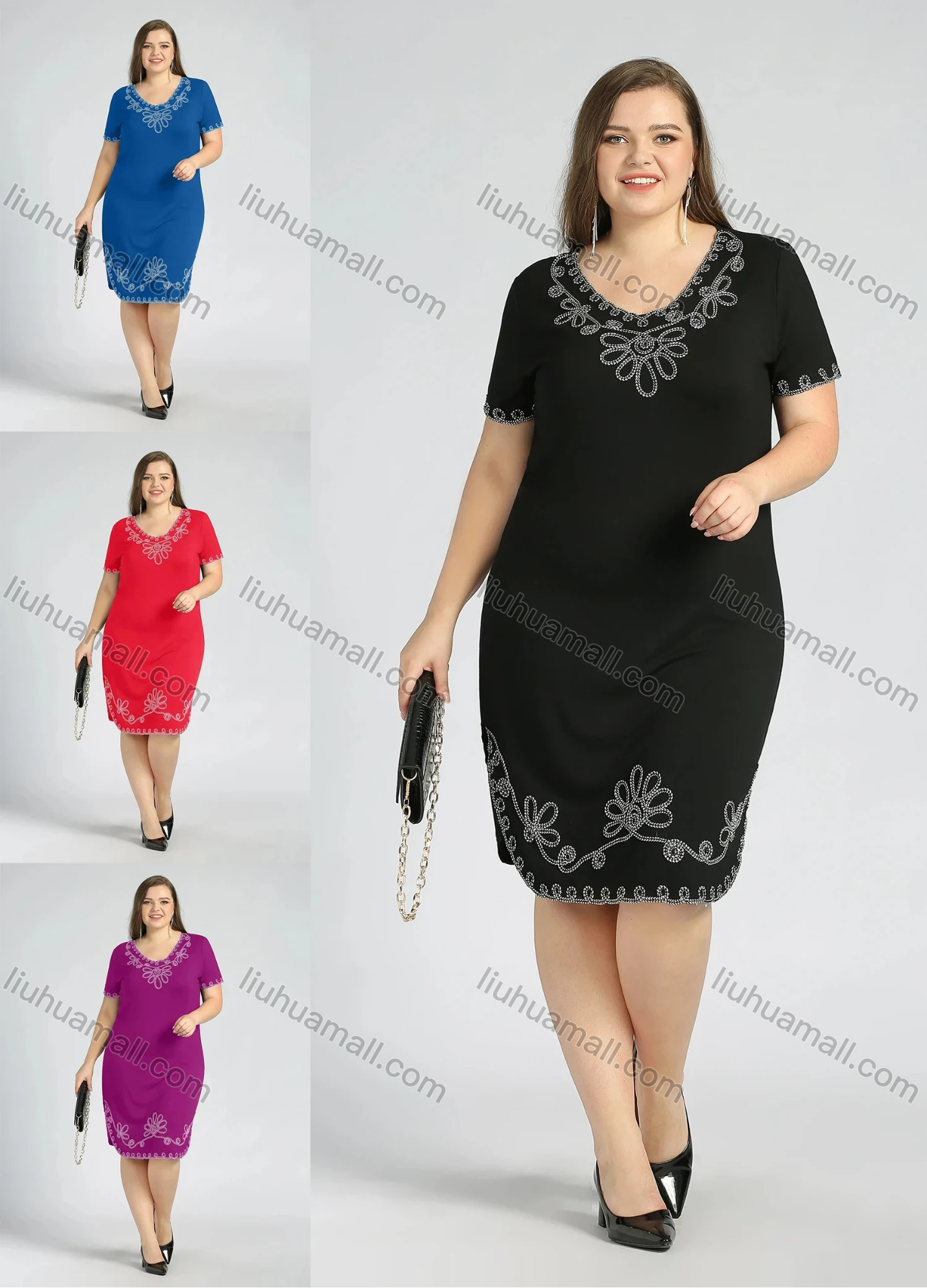 Wholesale Women's Plus Size Casual Crew Neck Short Sleeve Embroidery Knee Length Dress - Liuhuamall
