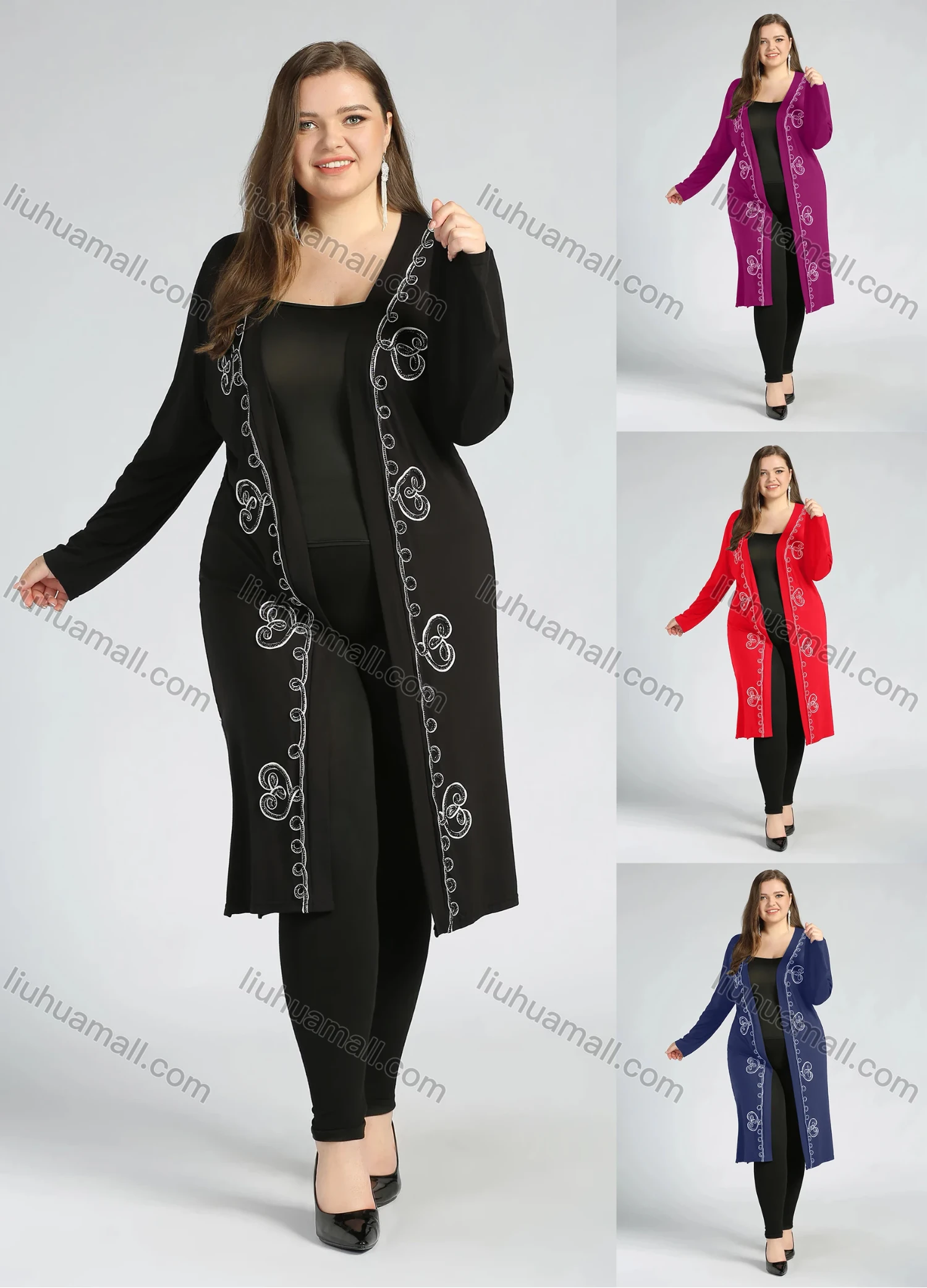 Wholesale Women's Plus Size Elegant Long Sleeve Open Front Embroidery Cardigan - Liuhuamall