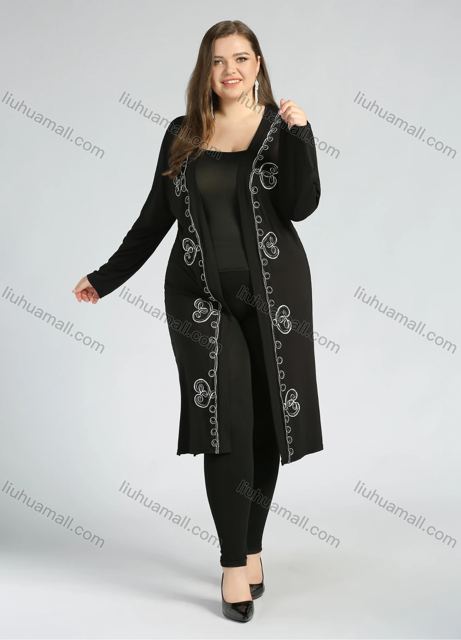Wholesale Women's Plus Size Elegant Long Sleeve Open Front Embroidery Cardigan - Liuhuamall