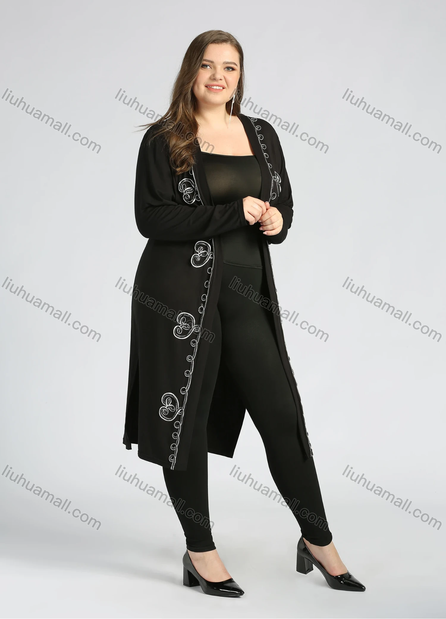 Wholesale Women's Plus Size Elegant Long Sleeve Open Front Embroidery Cardigan - Liuhuamall