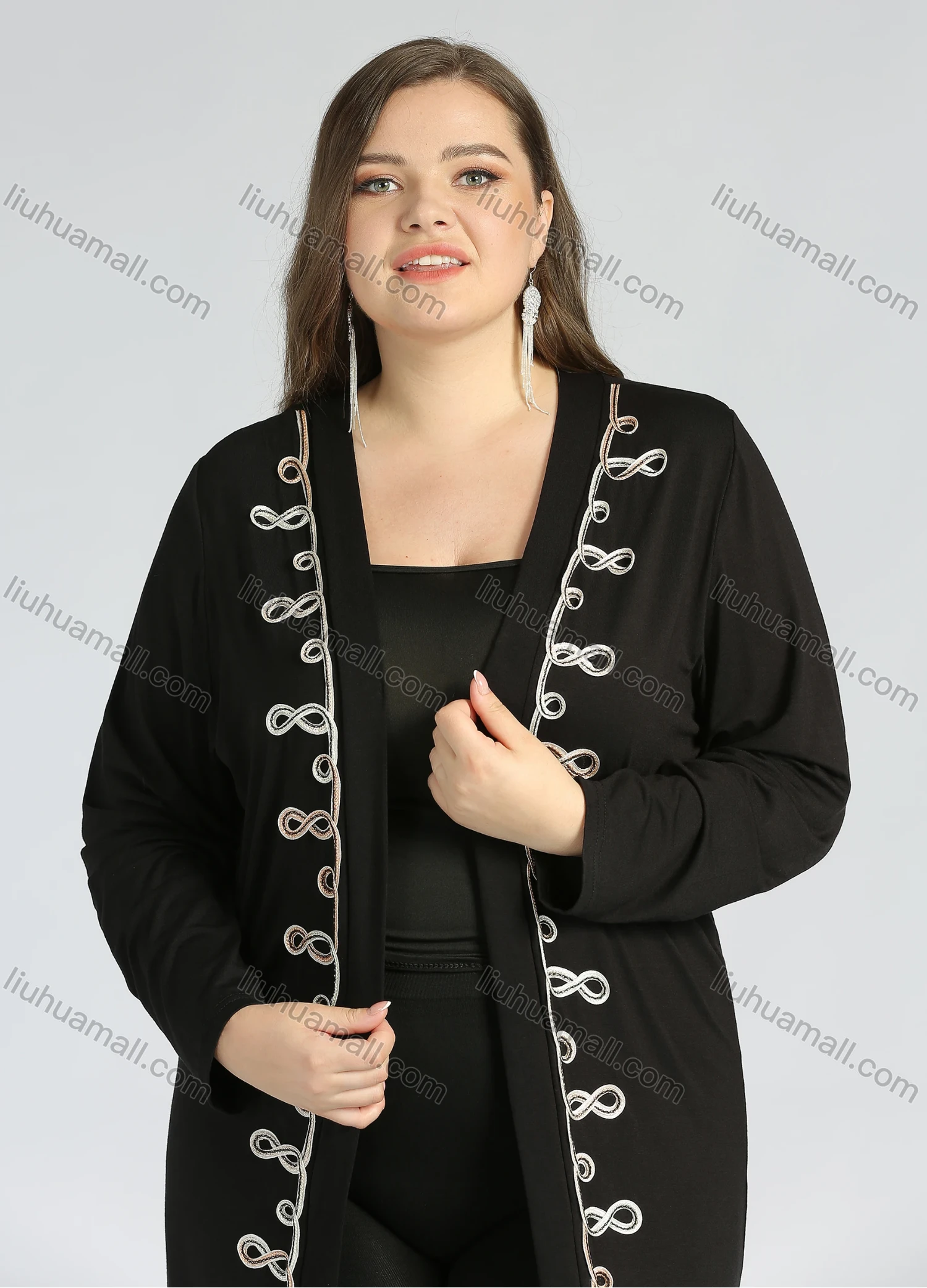 Wholesale Women's Plus Size Casual Long Sleeve Open Front Embroidery Cardigan - Liuhuamall