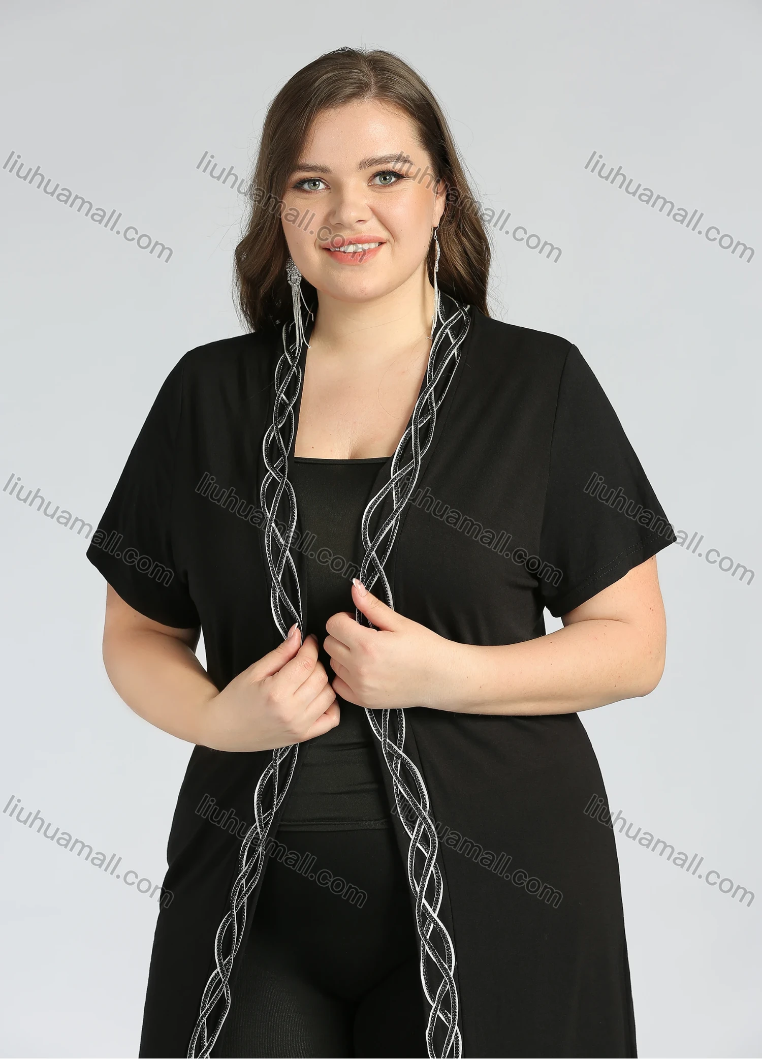 Wholesale Women's Plus Size Casual Short Sleeve Open Front Embroidery Cardigan - Liuhuamall