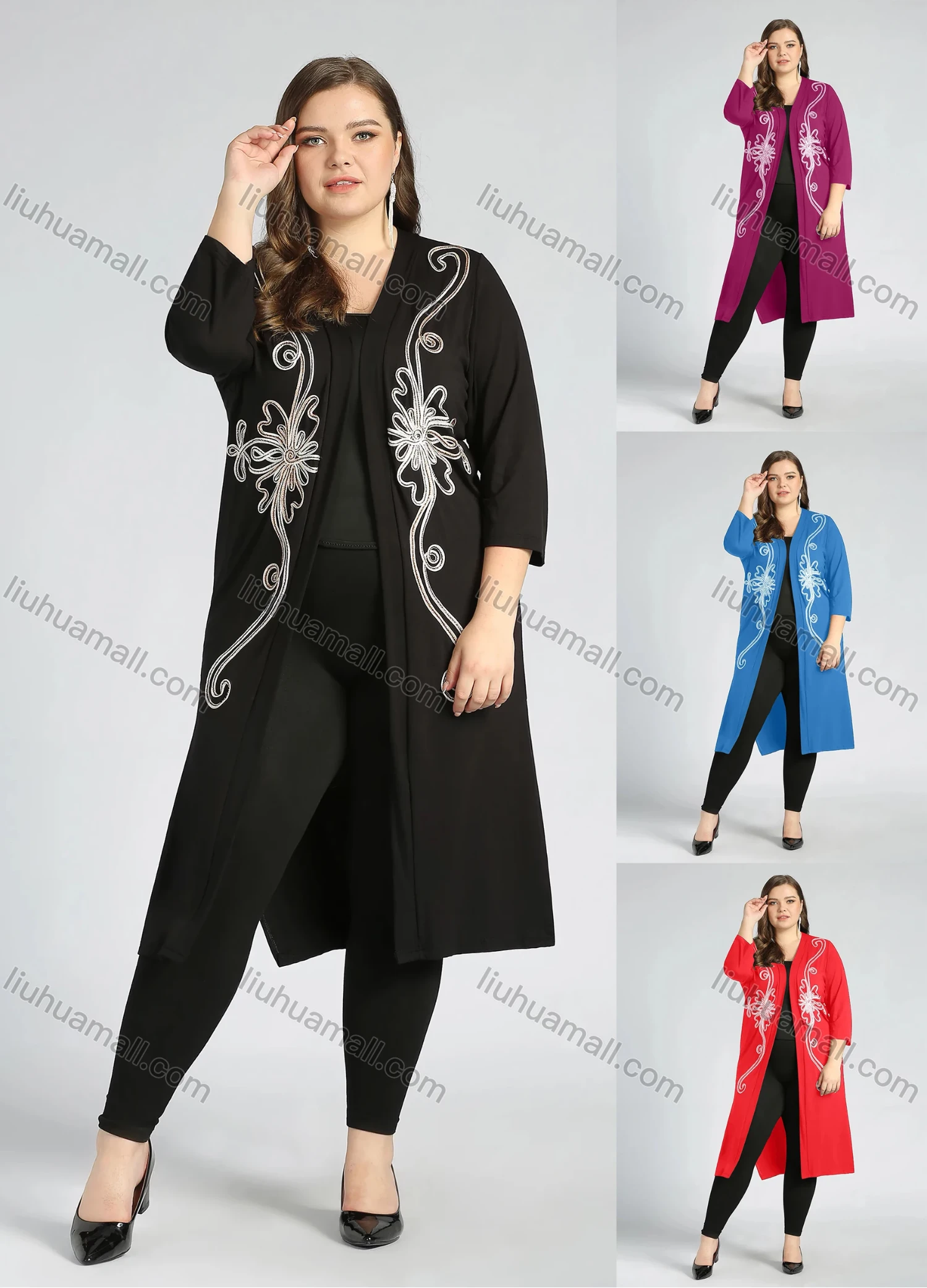 Wholesale Women's Plus Size Casual 3/4 Sleeve Open Front Embroidery Cardigan - Liuhuamall