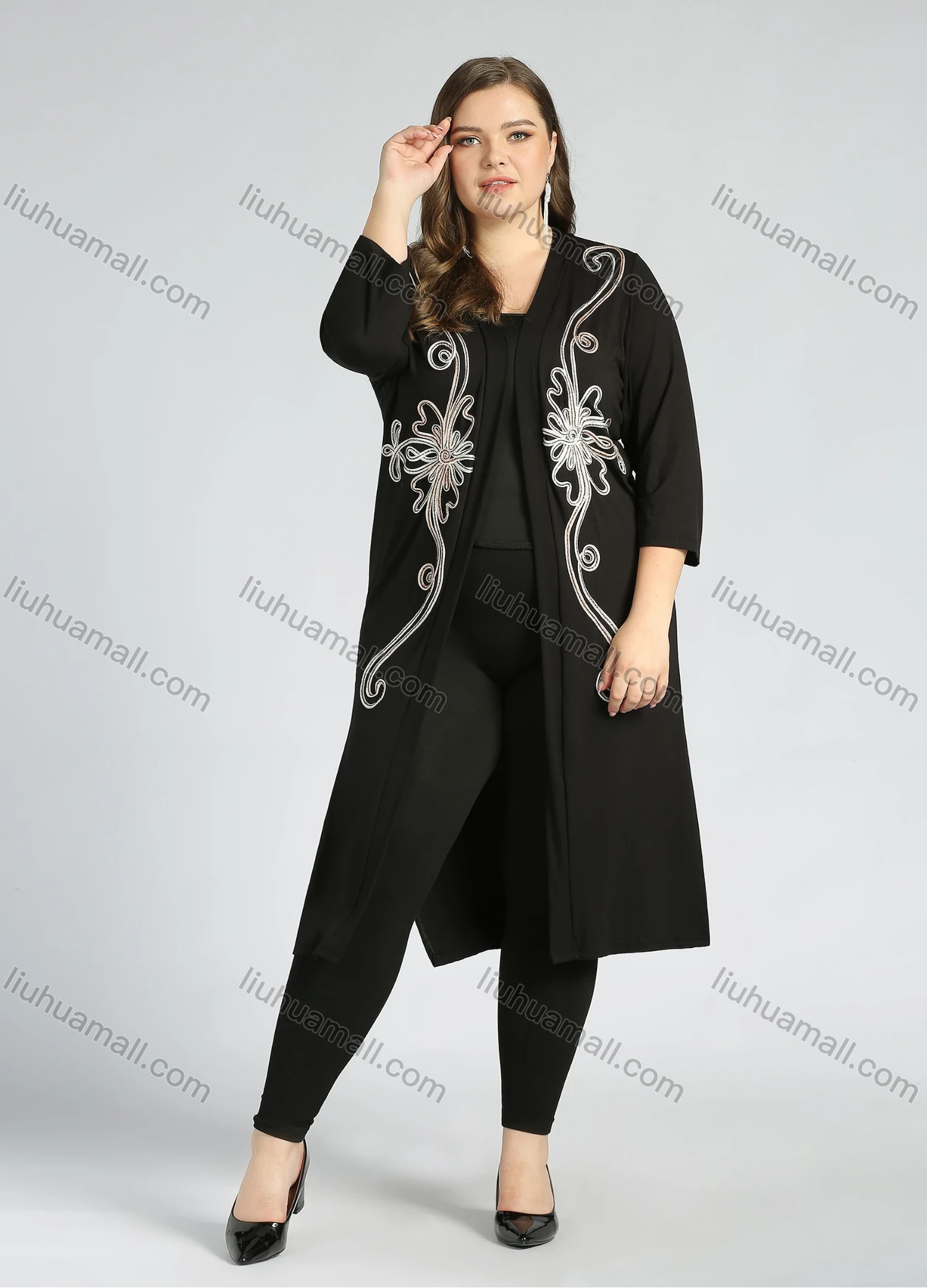 Wholesale Women's Plus Size Casual 3/4 Sleeve Open Front Embroidery Cardigan - Liuhuamall