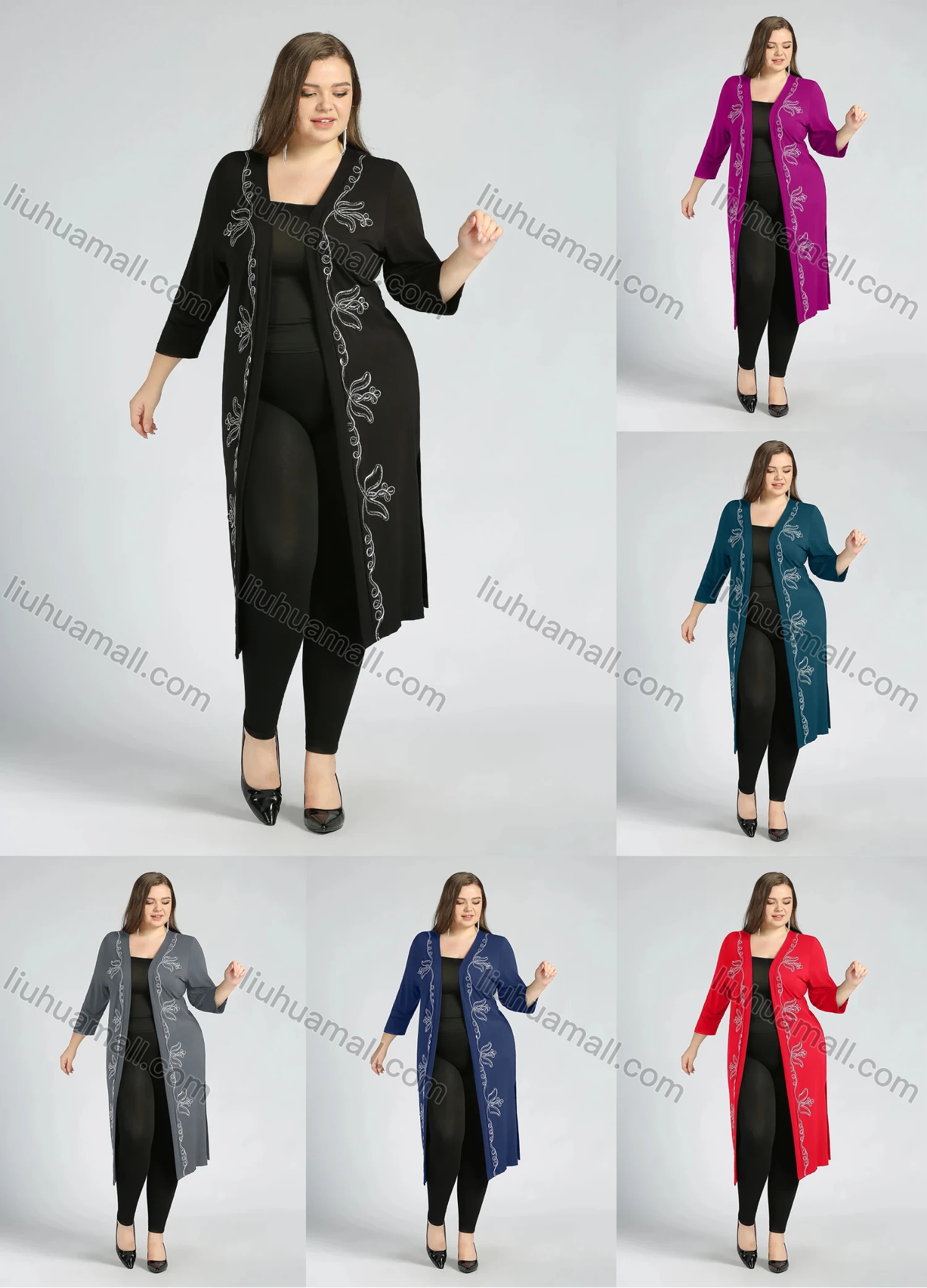 Wholesale Women's Plus Size Casual 3/4 Sleeve Open Front Embroidery Cardigan - Liuhuamall