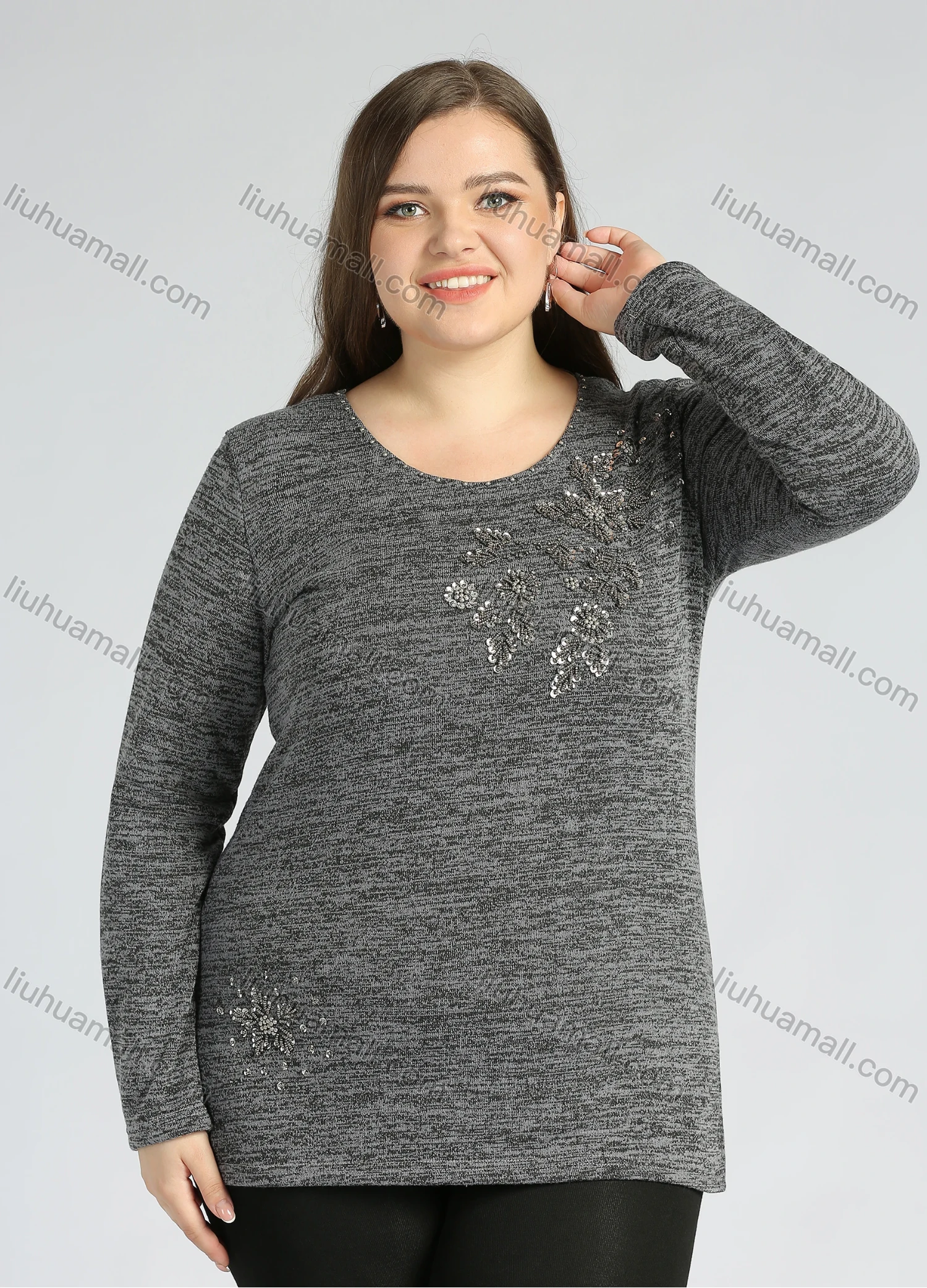 Wholesale Women's Elegant Round Neck Long Sleeve Sequin Appliques Embroidery Slit Hem Knit Top - Liuhuamall