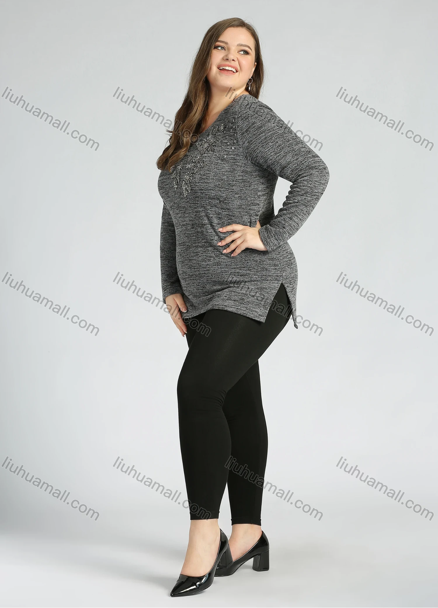 Wholesale Women's Elegant Round Neck Long Sleeve Sequin Appliques Embroidery Slit Hem Knit Top - Liuhuamall