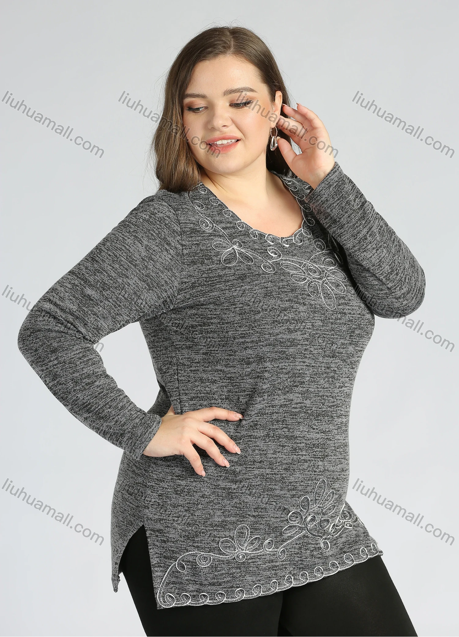 Wholesale Women's Elegant Round Neck Long Sleeve Floral Embroidery Slit Hem Knit Top - Liuhuamall