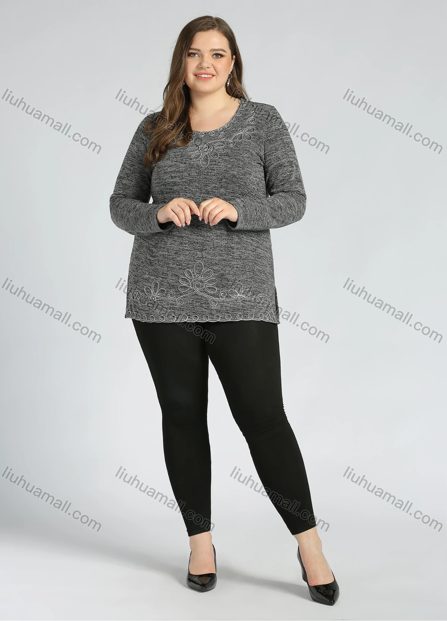 Wholesale Women's Elegant Round Neck Long Sleeve Floral Embroidery Slit Hem Knit Top - Liuhuamall