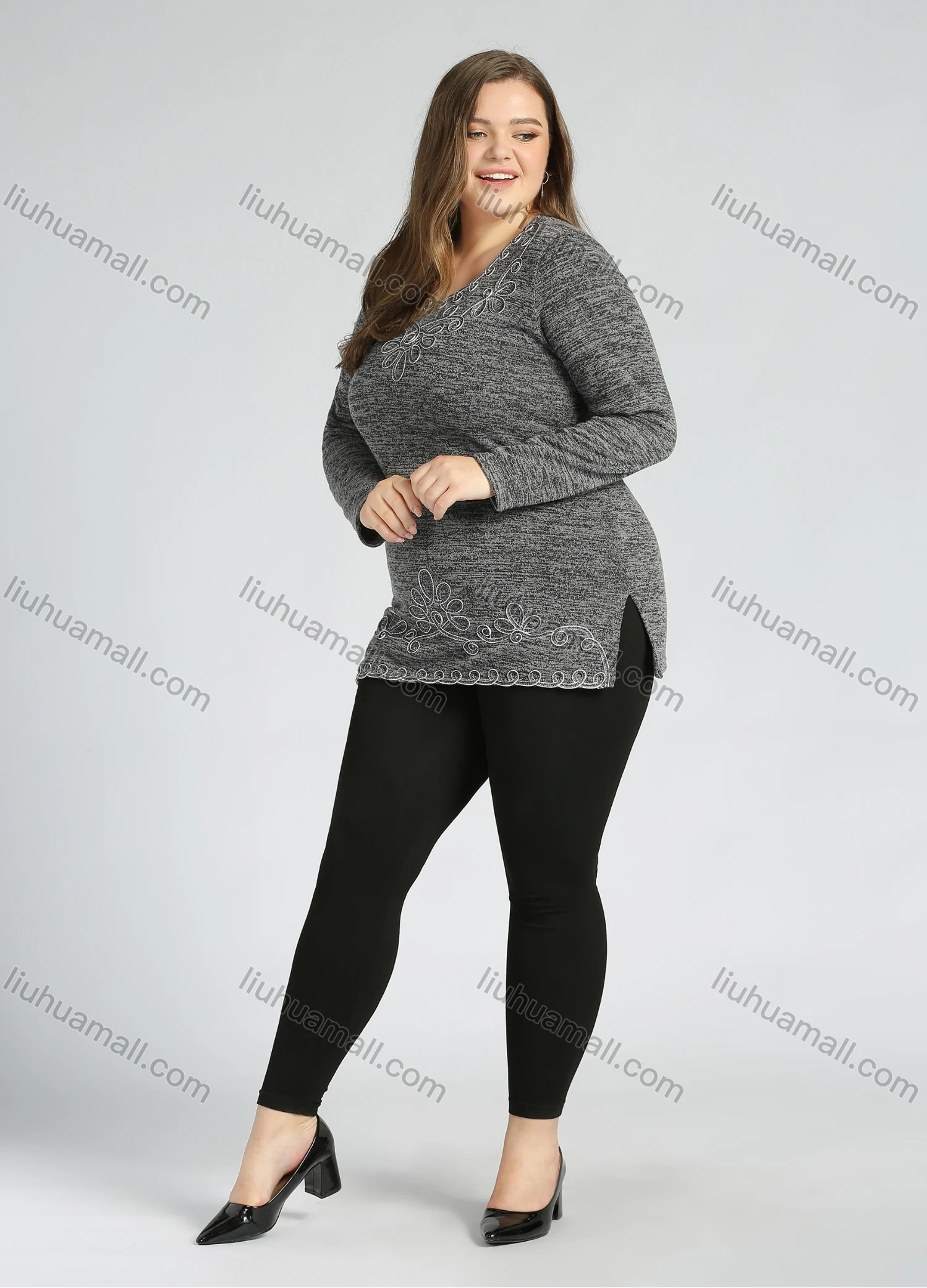 Wholesale Women's Elegant Round Neck Long Sleeve Floral Embroidery Slit Hem Knit Top - Liuhuamall