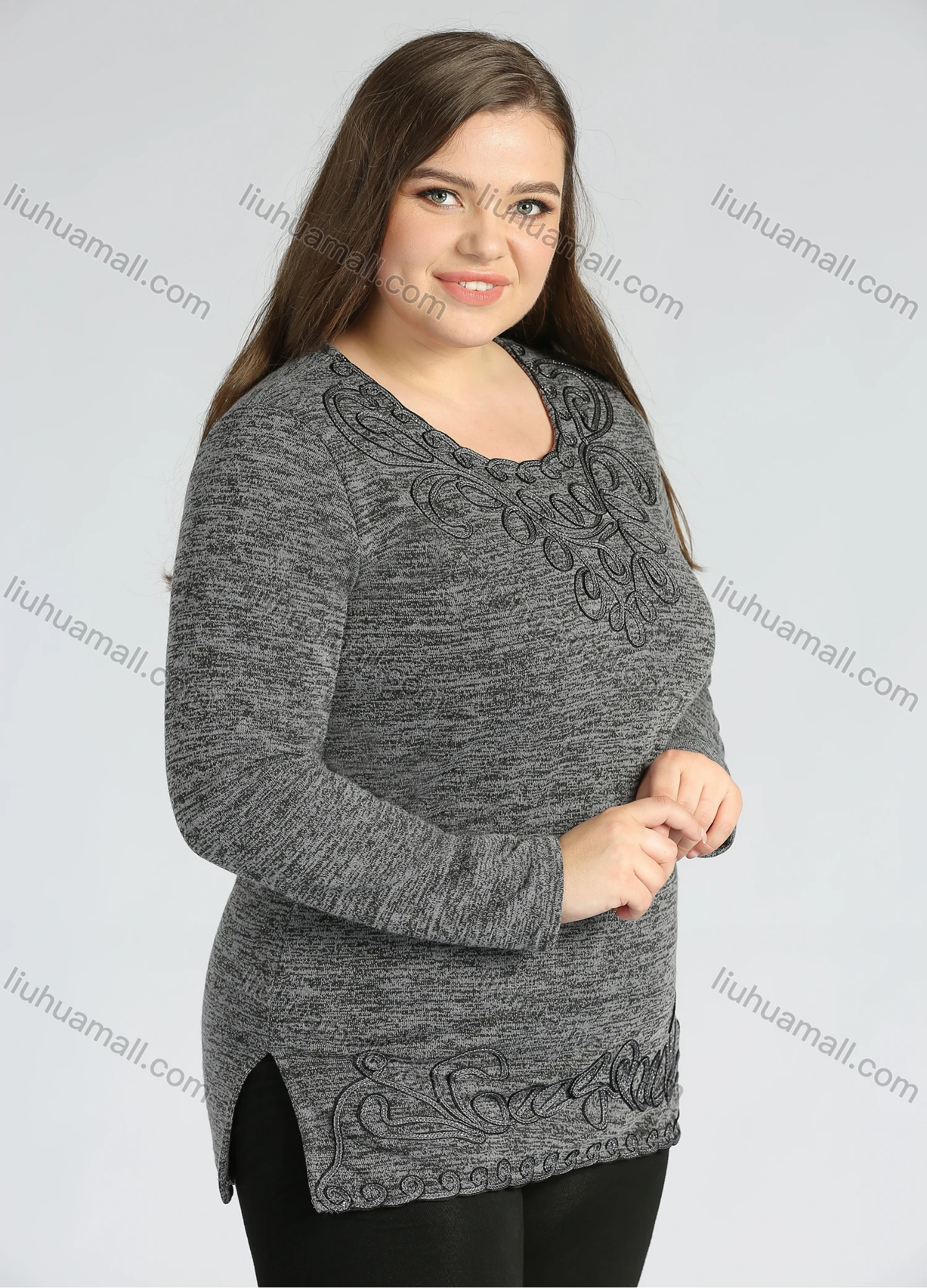 Wholesale Women's Elegant Round Neck Long Sleeve Floral Embroidery Slit Hem Knit Top - Liuhuamall