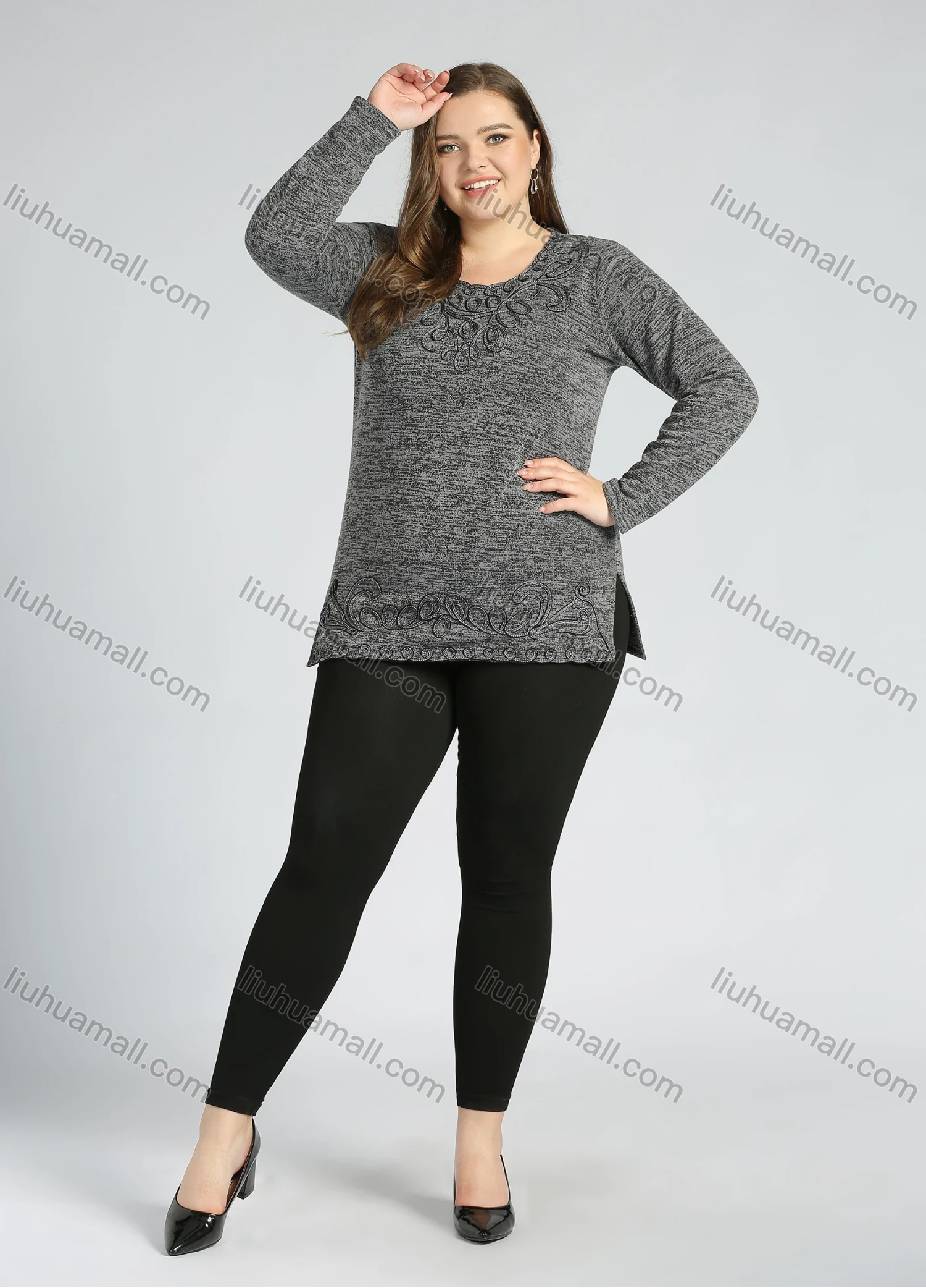 Wholesale Women's Elegant Round Neck Long Sleeve Floral Embroidery Slit Hem Knit Top - Liuhuamall