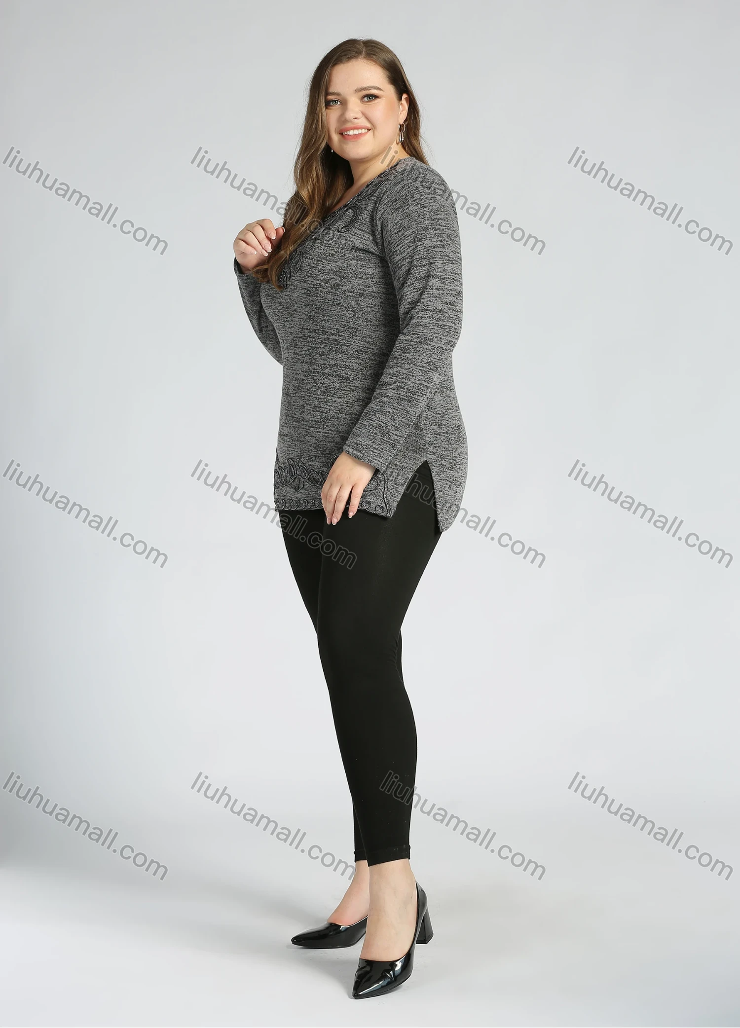 Wholesale Women's Elegant Round Neck Long Sleeve Floral Embroidery Slit Hem Knit Top - Liuhuamall