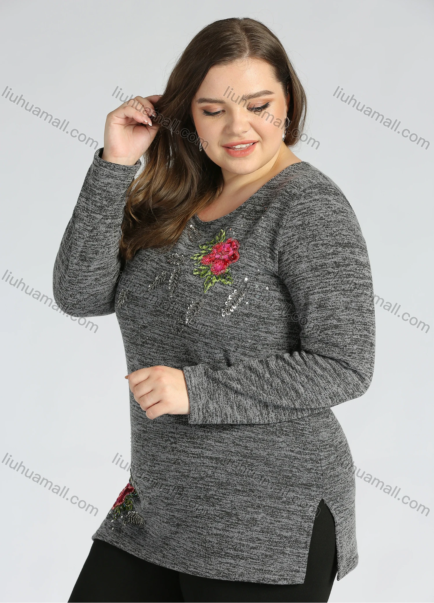 Wholesale Women's Elegant Round Neck Long Sleeve Floral Embroidery Slit Hem Knit Top - Liuhuamall