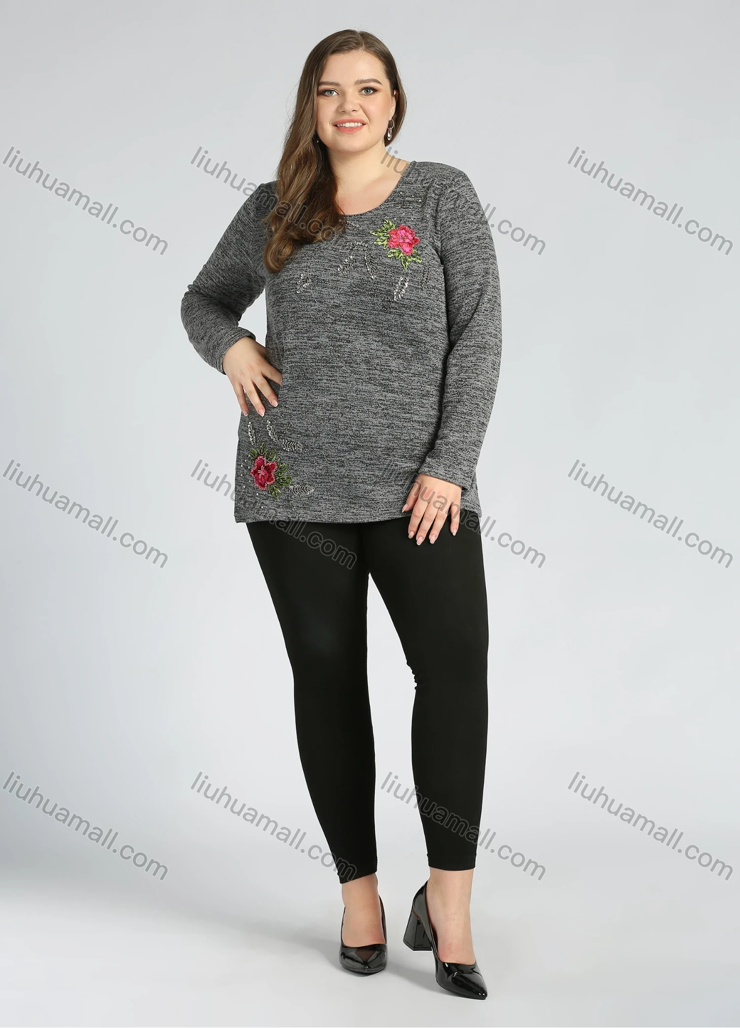 Wholesale Women's Elegant Round Neck Long Sleeve Floral Embroidery Slit Hem Knit Top - Liuhuamall