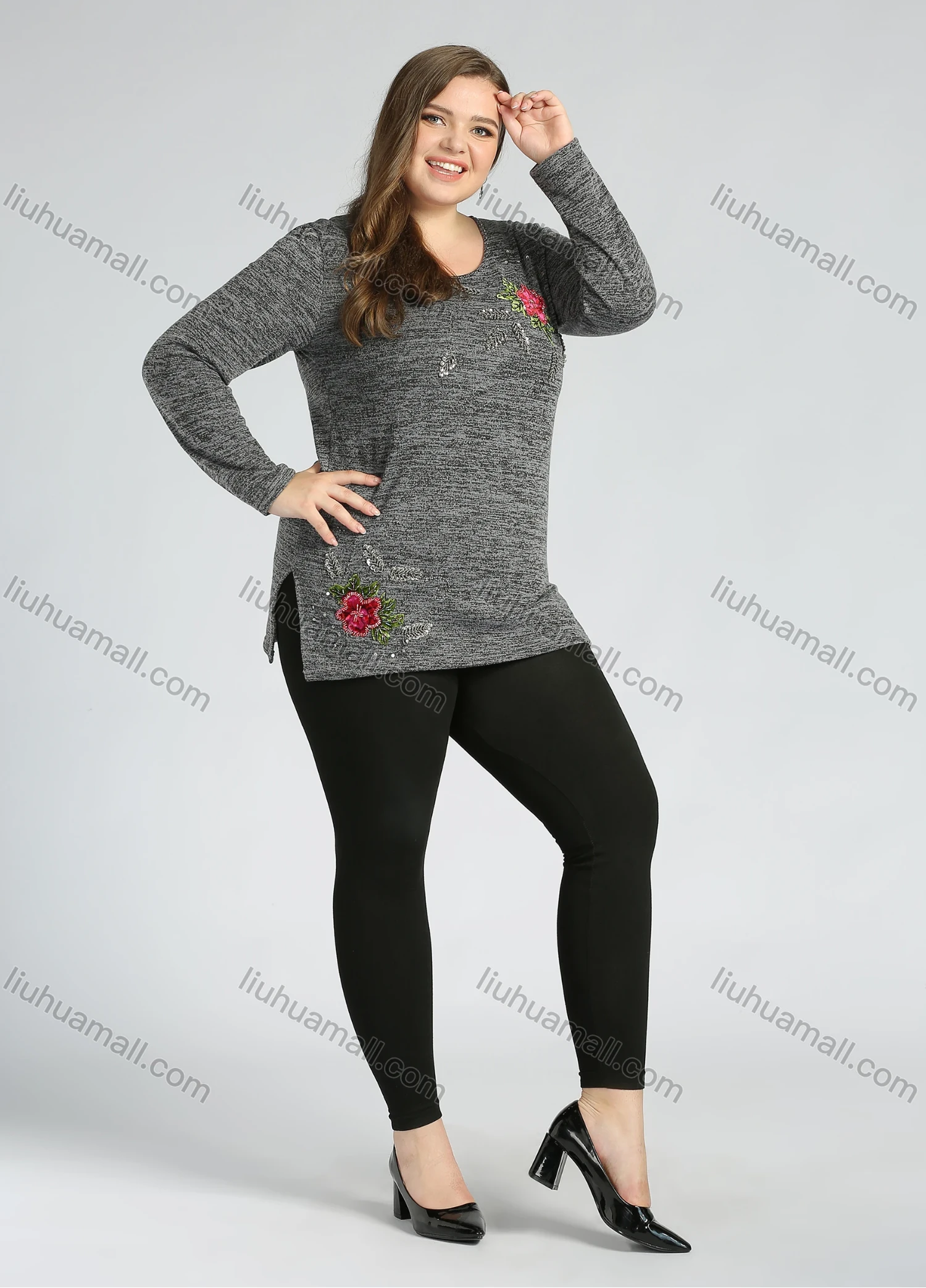 Wholesale Women's Elegant Round Neck Long Sleeve Floral Embroidery Slit Hem Knit Top - Liuhuamall