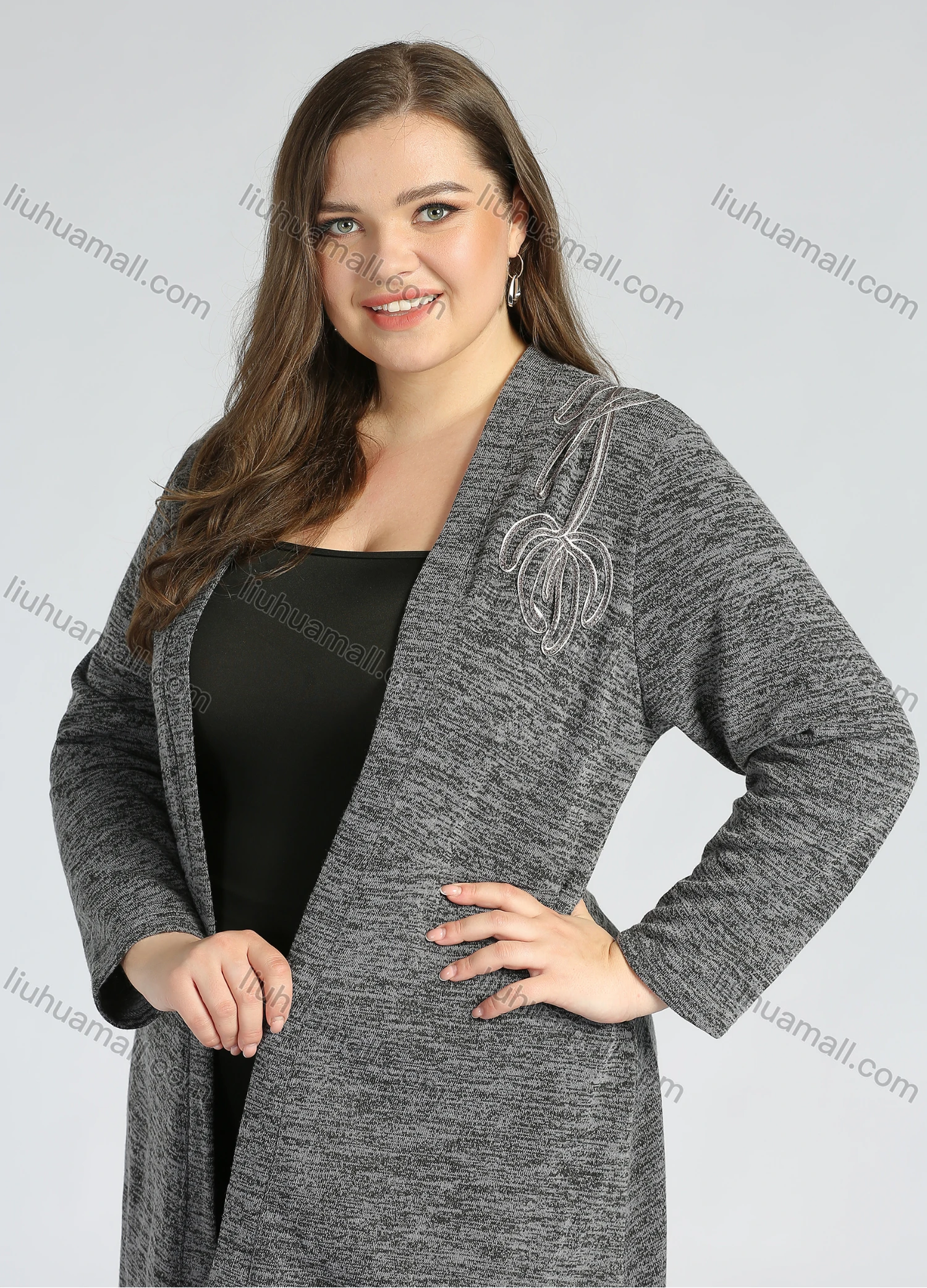 Wholesale Women's Plus Size Elegant Open Front Long Sleeve Floral Embroidery Knit Cardigan - Liuhuamall