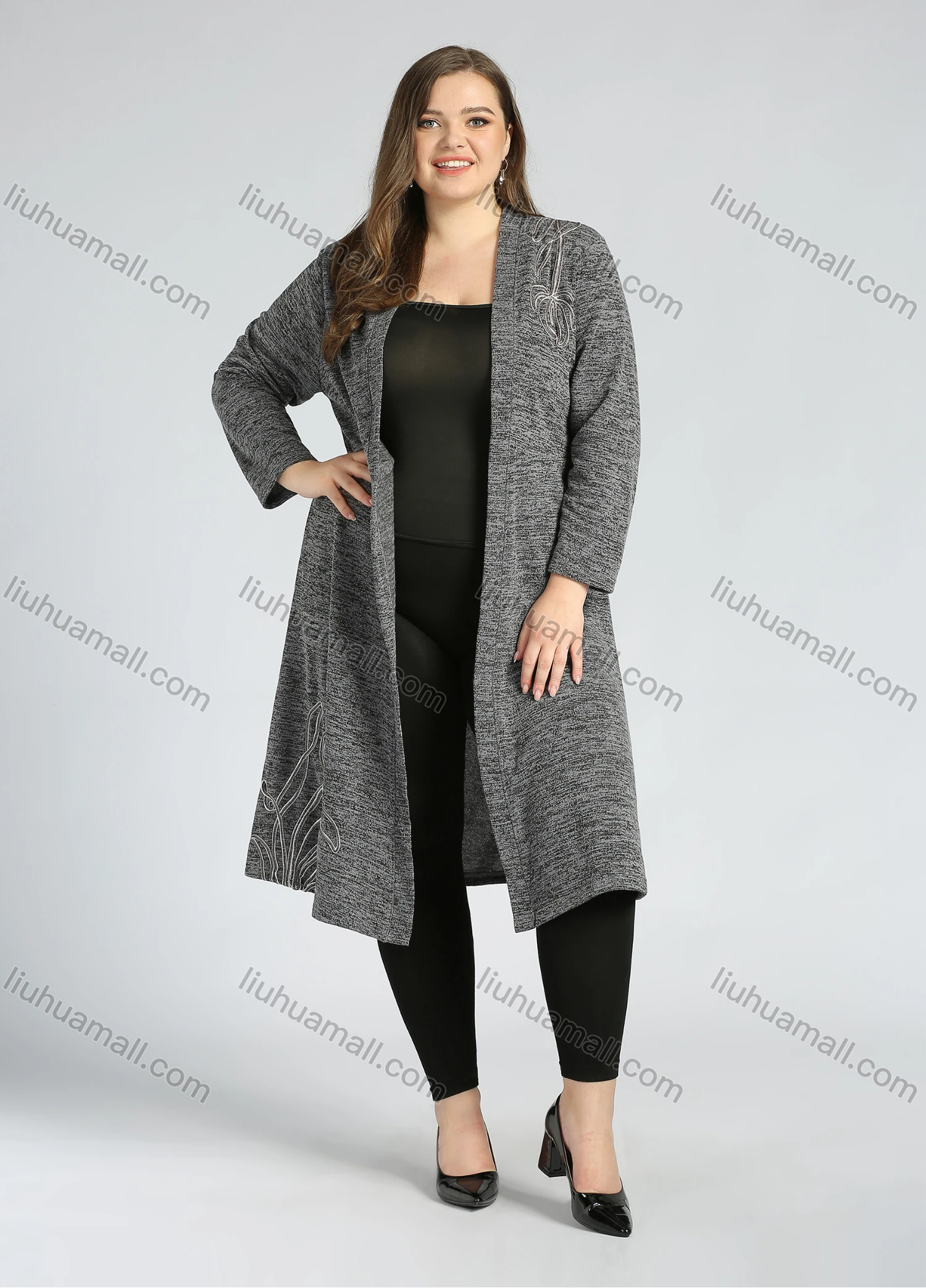 Wholesale Women's Plus Size Elegant Open Front Long Sleeve Floral Embroidery Knit Cardigan - Liuhuamall