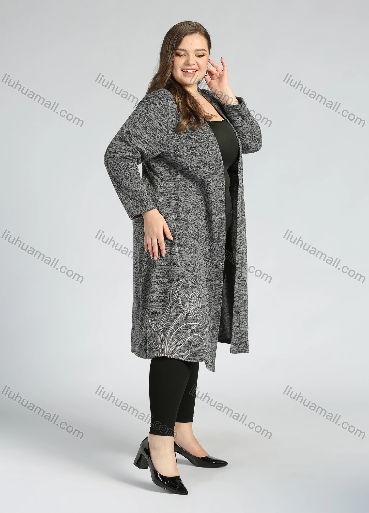 Wholesale Women's Plus Size Elegant Open Front Long Sleeve Floral Embroidery Knit Cardigan - Liuhuamall