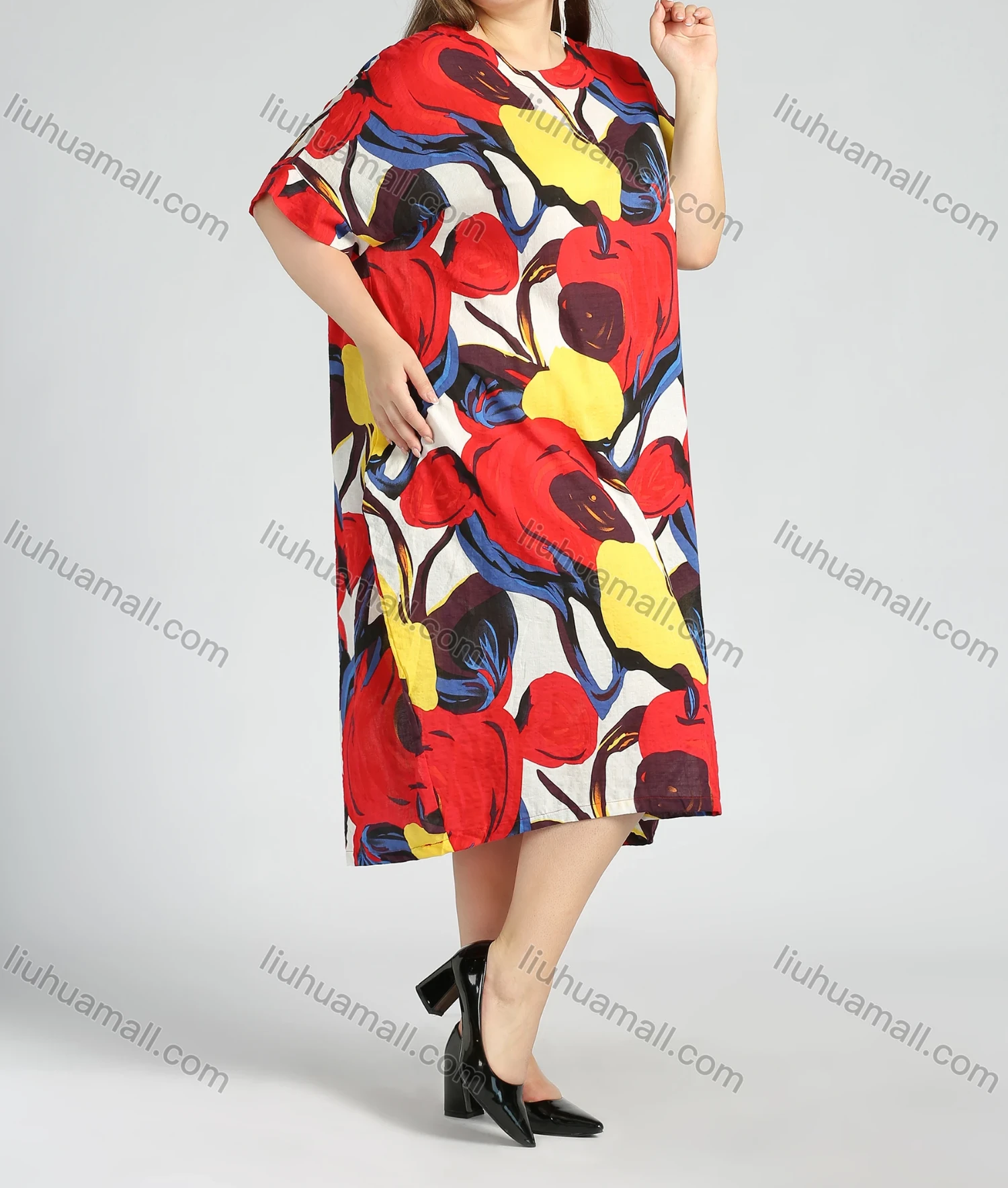 Wholesale Women's Round Neck Short Sleeve Floral Print Plus Midi Dress - Liuhuamall