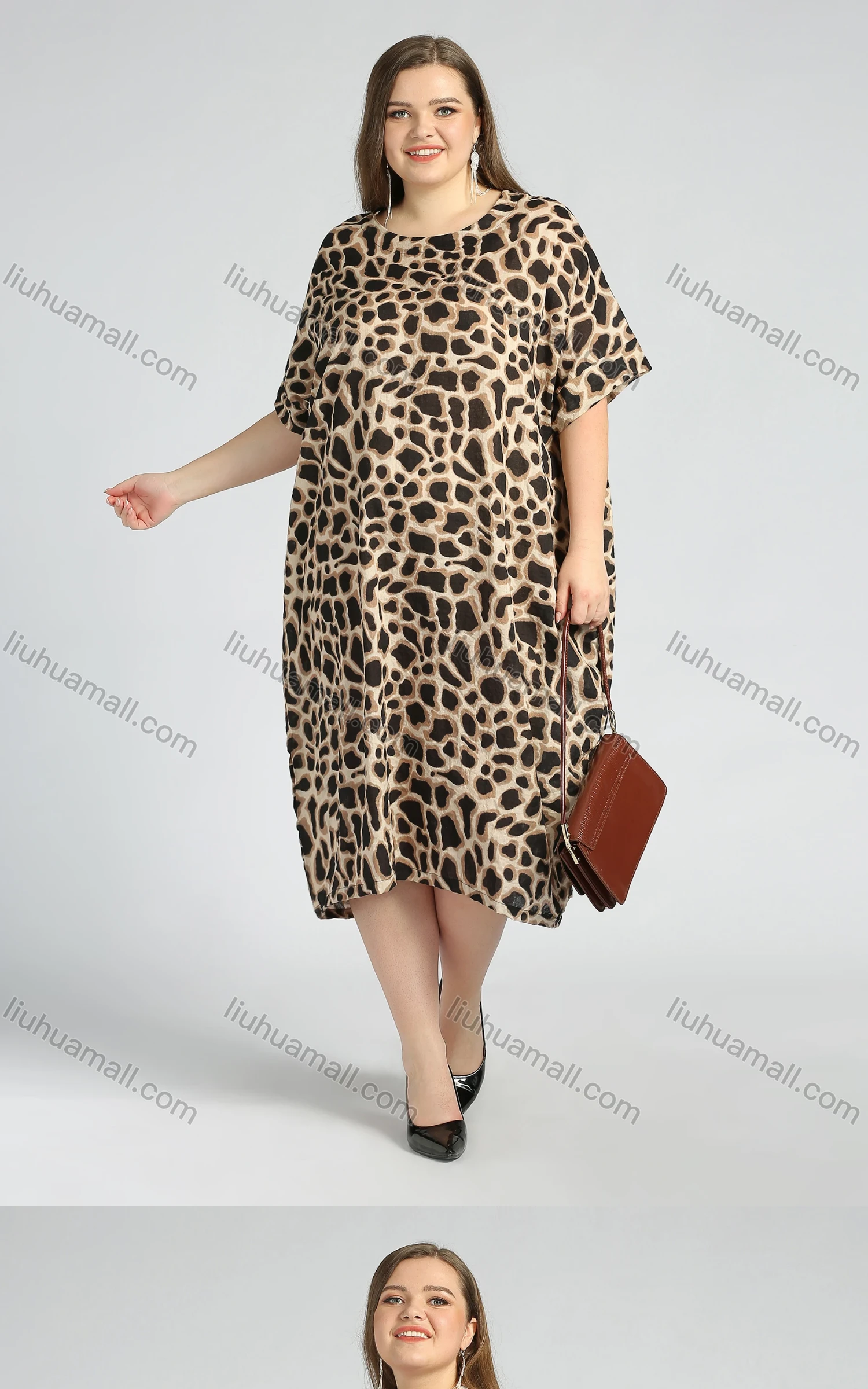 Wholesale Women's Round Neck Short Sleeve Allover Leopard Print Plus Midi Dress - Liuhuamall