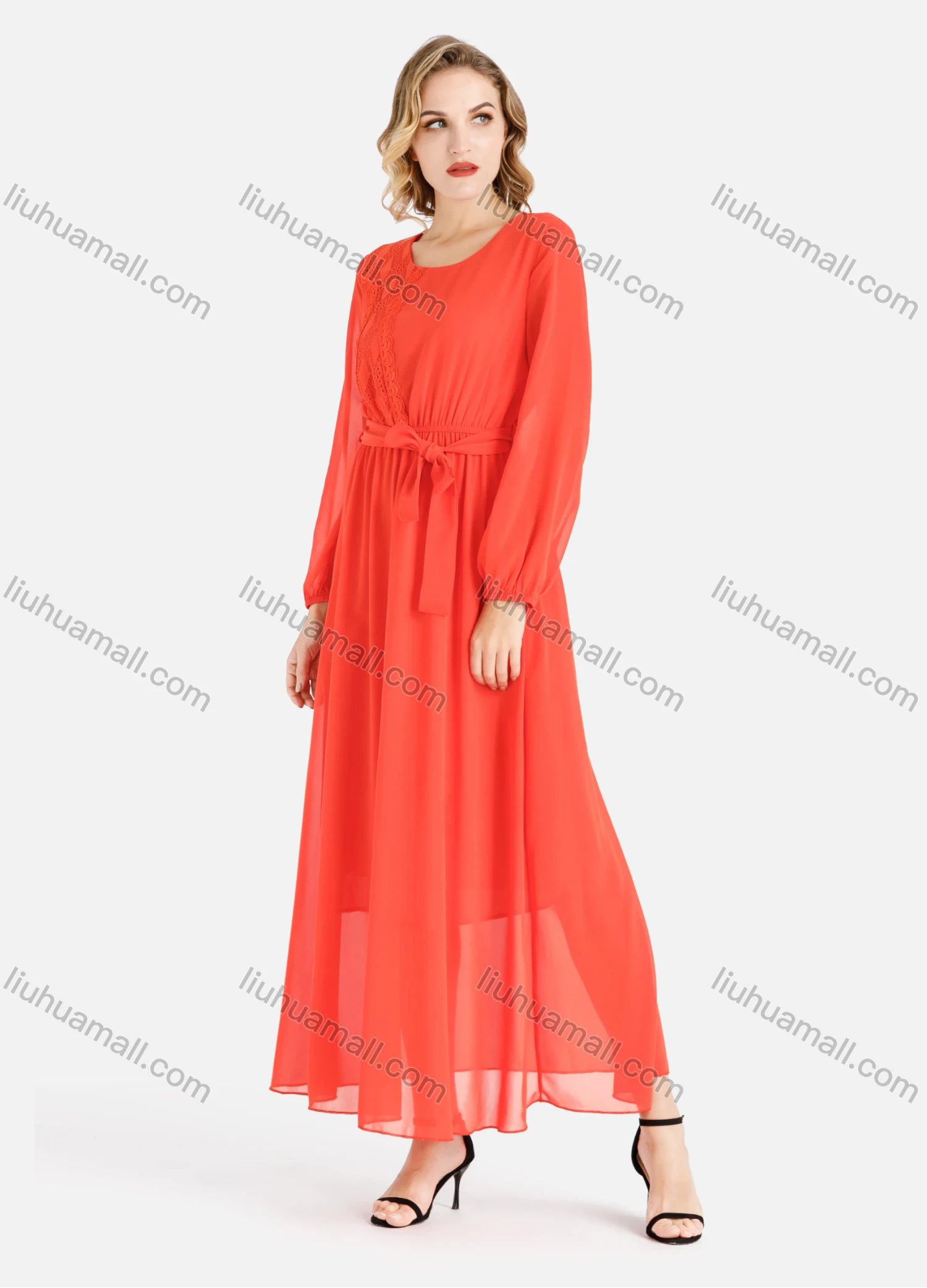 Wholesale Women's Casual Plain Guipure Lace Round Neck Chiffon Long Sleeve Maxi Dress With Belt - Liuhuamall