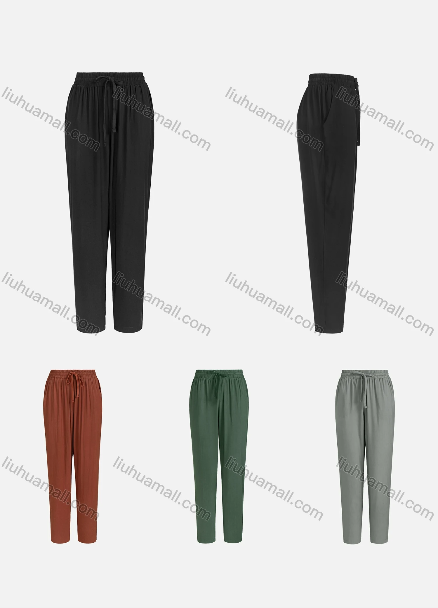 Wholesale Women's Plain Ruched Drawstring Elastic Waist Casual Pants - Liuhuamall
