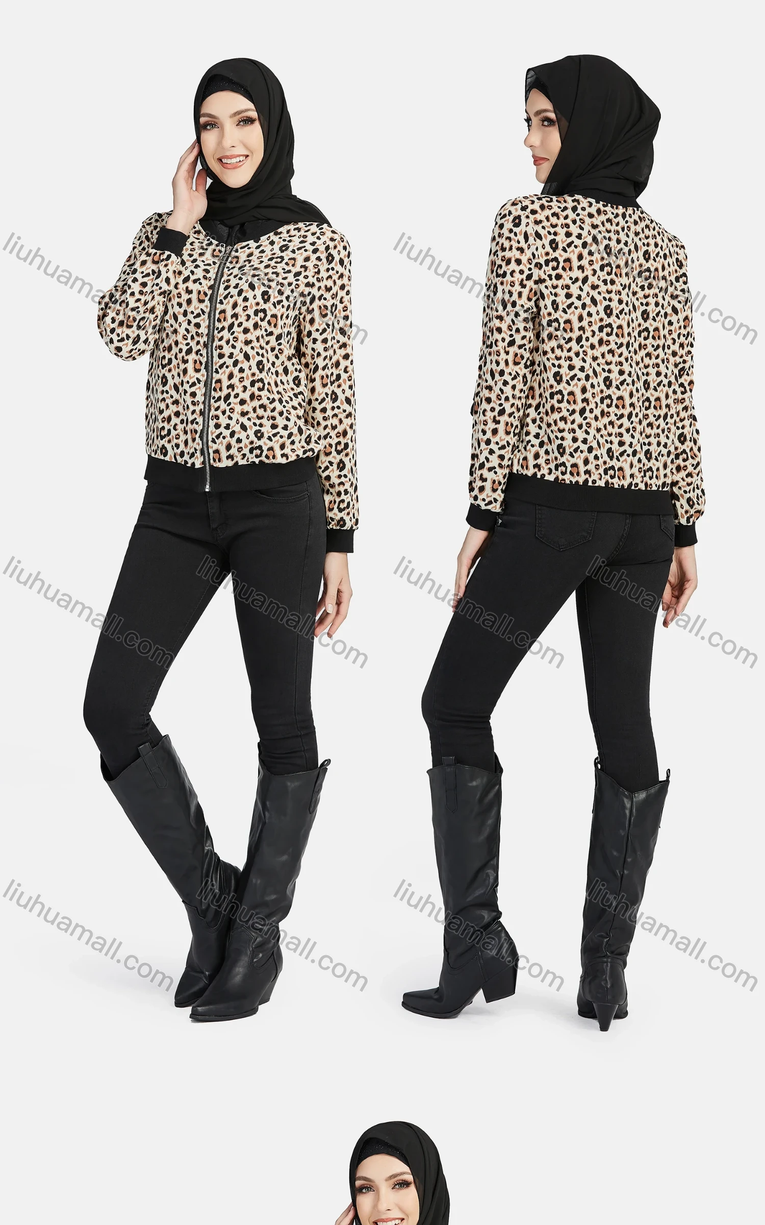 Wholesale Women's Casual Leopard Print Zipper Dual Pockets Jacket - Liuhuamall