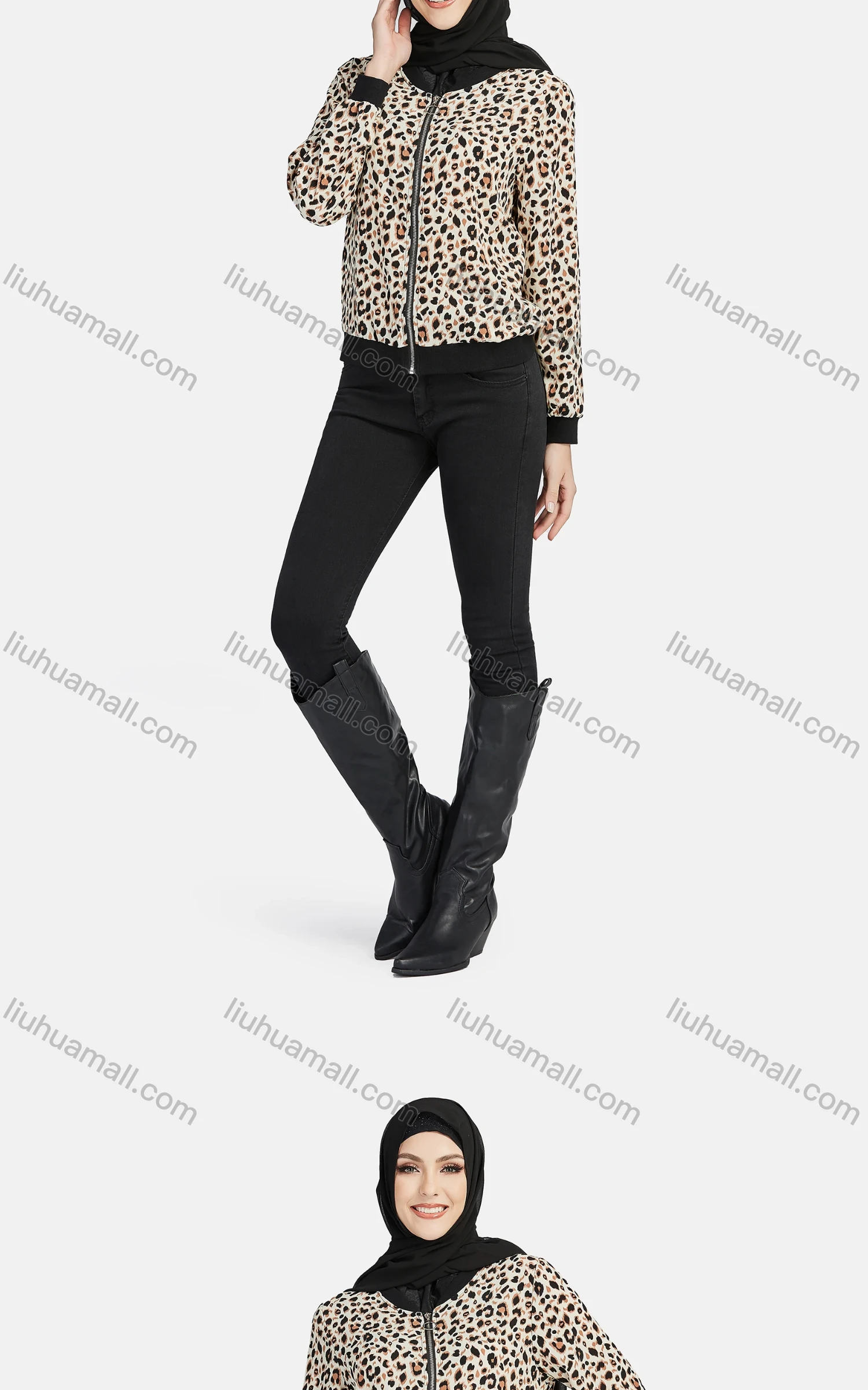 Wholesale Women's Casual Leopard Print Zipper Dual Pockets Jacket - Liuhuamall