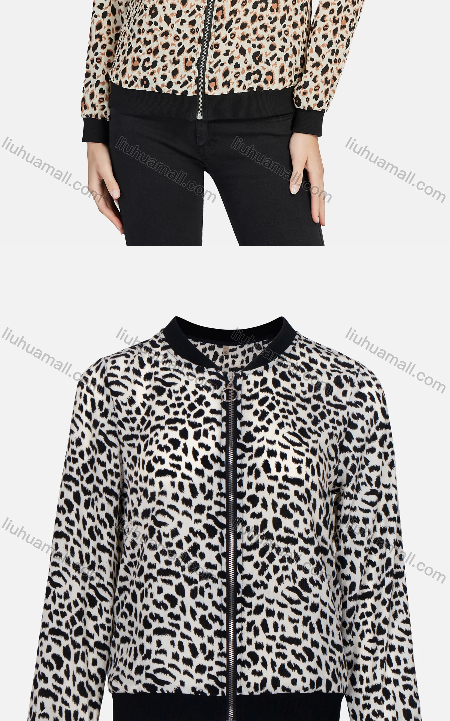 Wholesale Women's Casual Leopard Print Zipper Dual Pockets Jacket - Liuhuamall