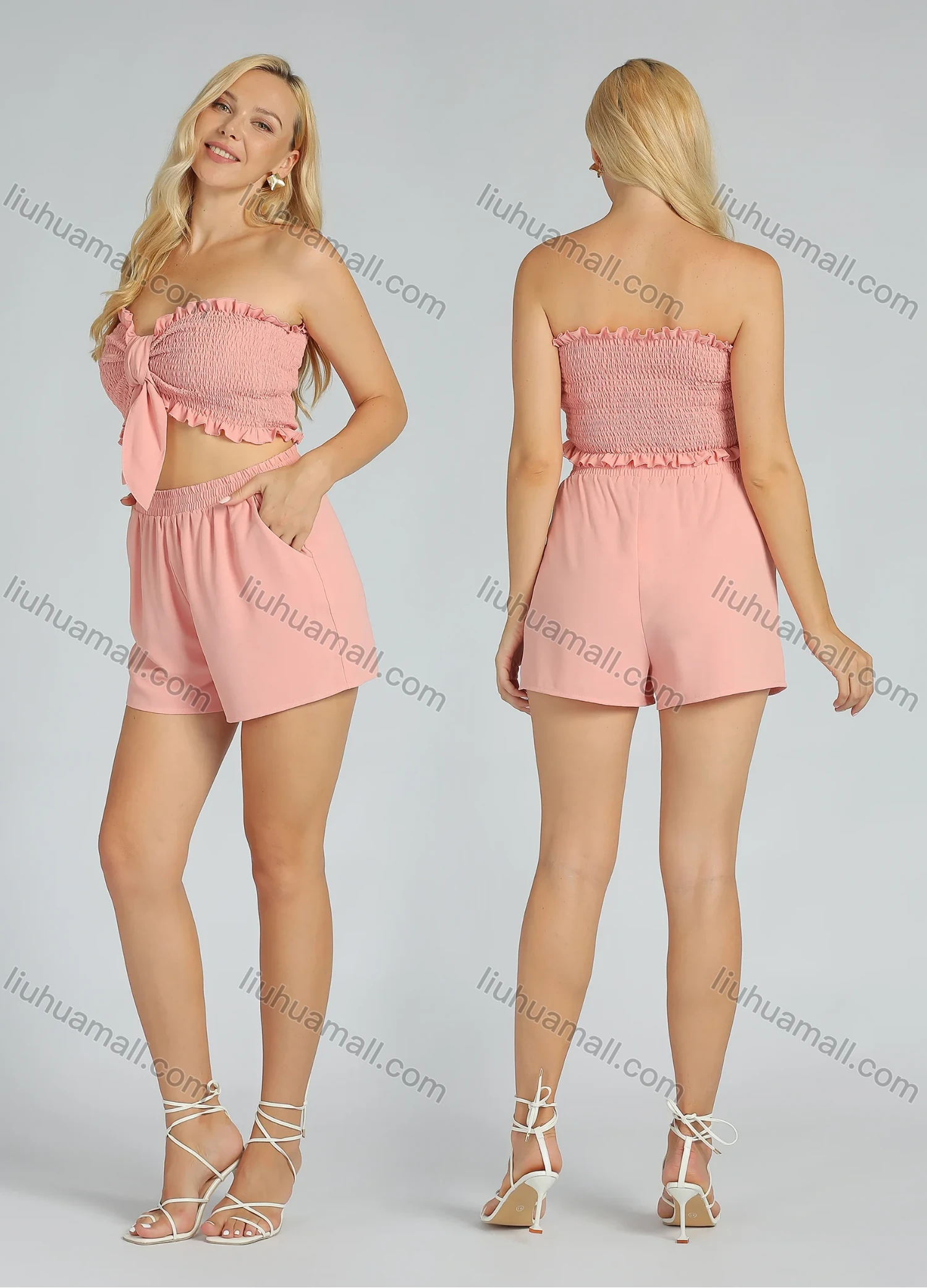 Wholesale Women's Sexy Plain Tie Front Ruffle Trim Shirred Sleeveless Bandeau Crop Top - Liuhuamall