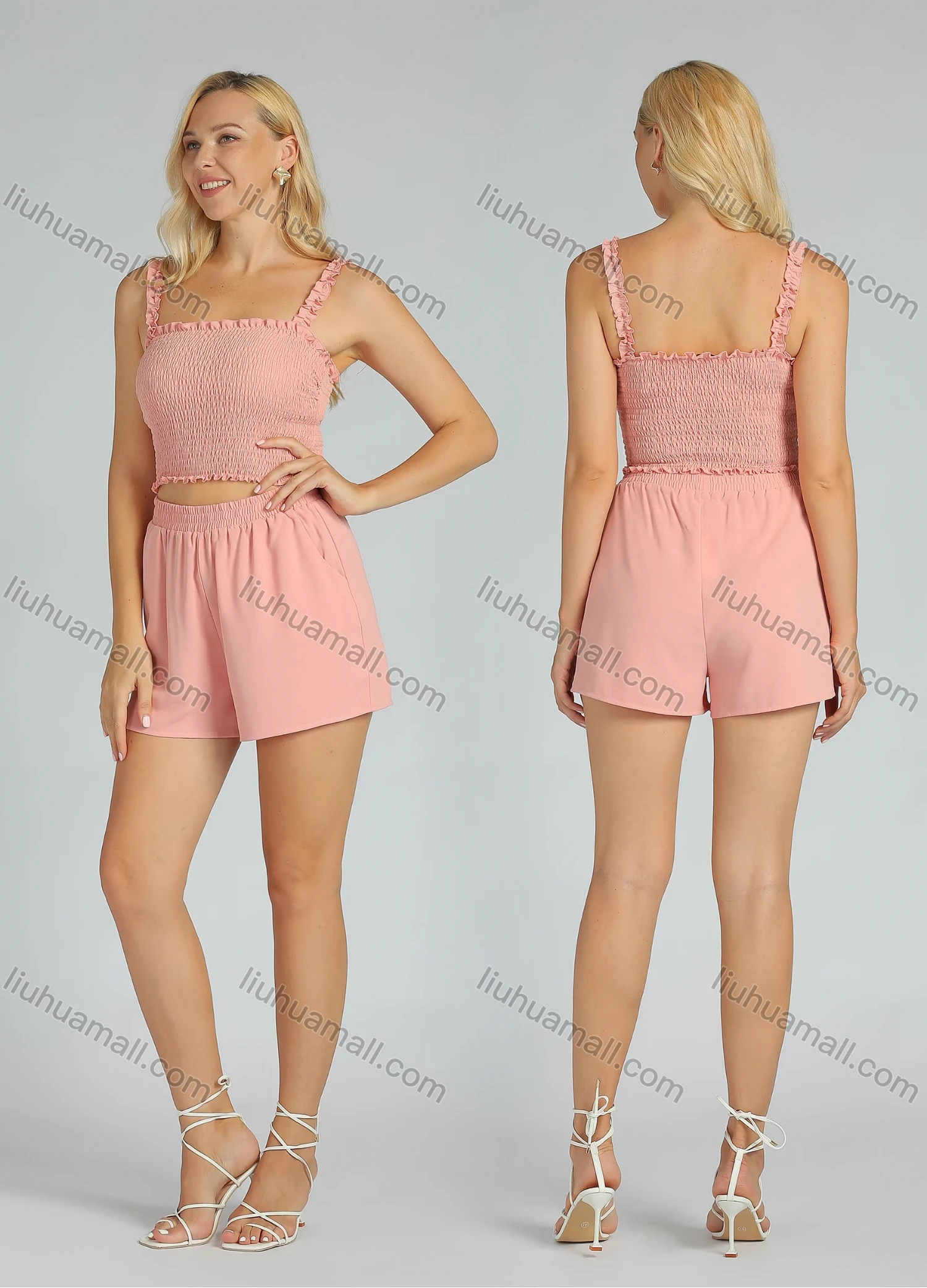 Wholesale Women's Casual Plain Crop Ruffle Trim Shirred Cami Top - Liuhuamall