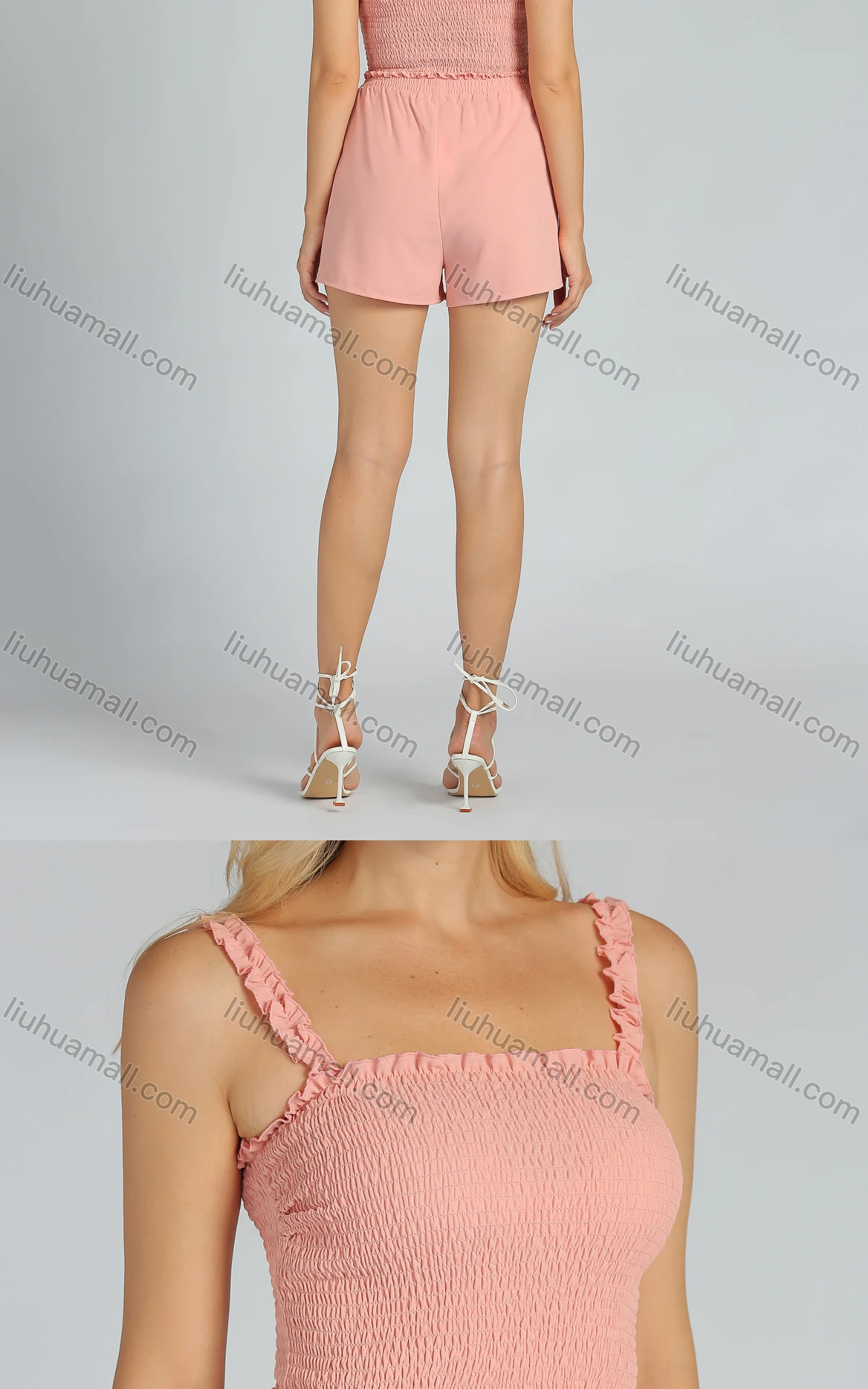 Wholesale Women's Casual Plain Crop Ruffle Trim Shirred Cami Top - Liuhuamall